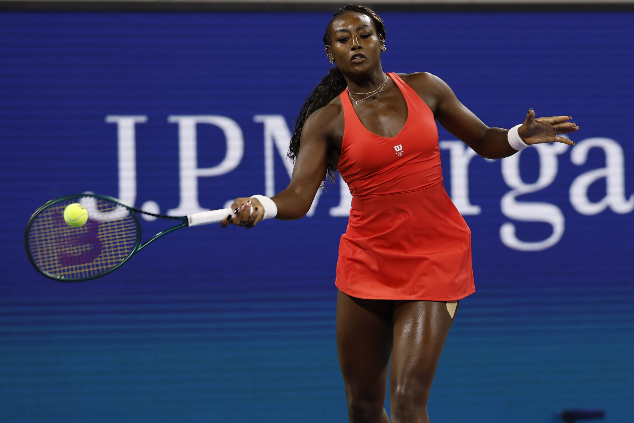 Aug 25, 2025; Flushing, NY, USA; Alycia Parks (USA) hits a forehand against Mirra Andreeva (not pictured) on day two of the 2025 US Open tennis tournament at USTA Billie Jean King National Tennis Center. Mandatory Credit: Geoff Burke-Imagn Images
