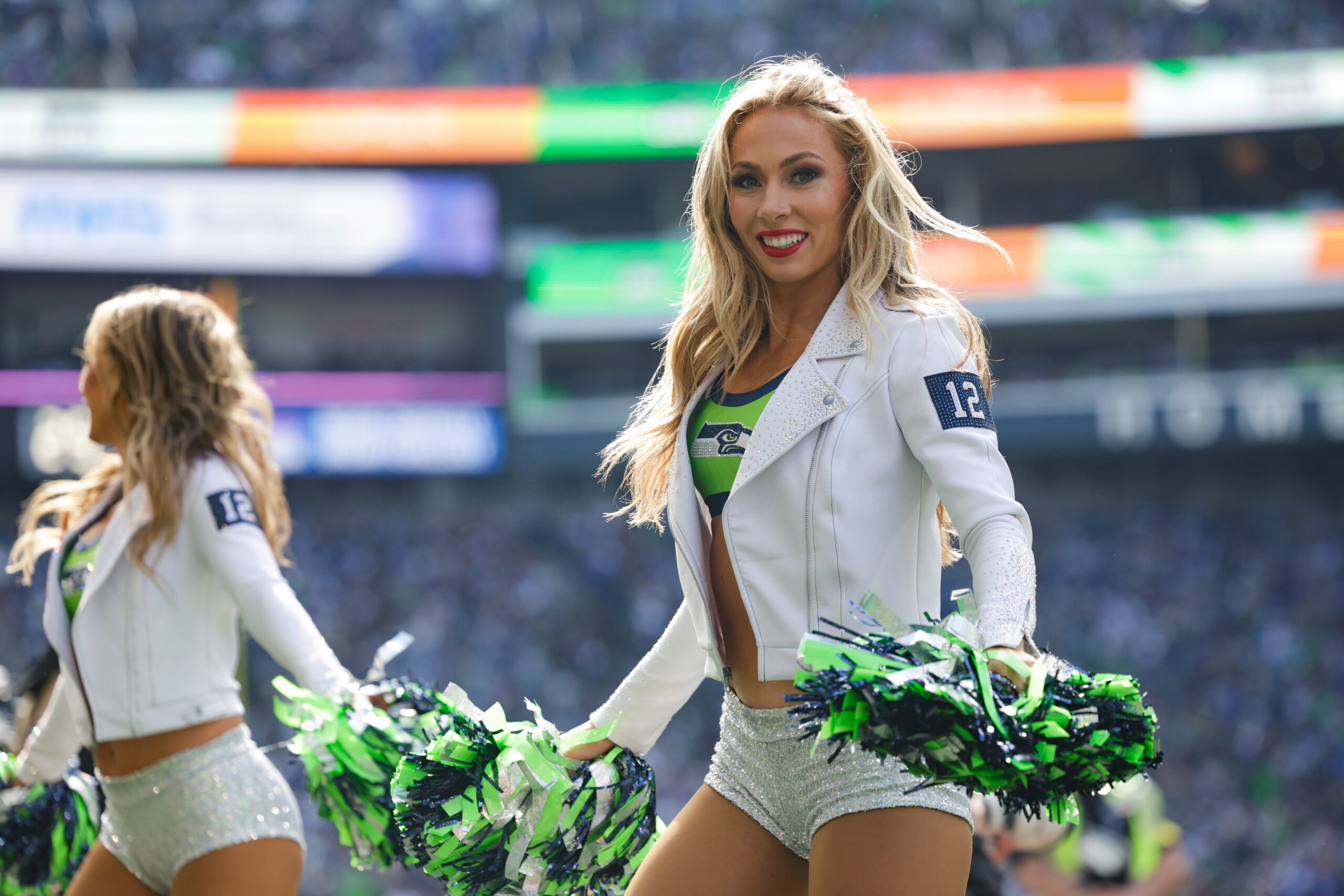 Sep 21, 2025; Seattle, Washington, USA; Seattle Seahawks cheerleaders perform during the first half against the New Orleans Saints at Lumen Field. Mandatory Credit: Joe Nicholson-Imagn Images