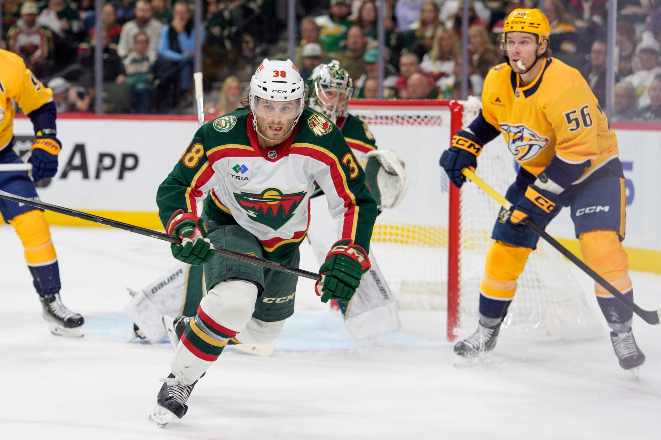 Nov 4, 2025; Saint Paul, Minnesota, USA; Minnesota Wild right wing Ryan Hartman (38) in action against the Nashville Predators in the third period at Grand Casino Arena. Mandatory Credit: Matt Blewett-Imagn Images