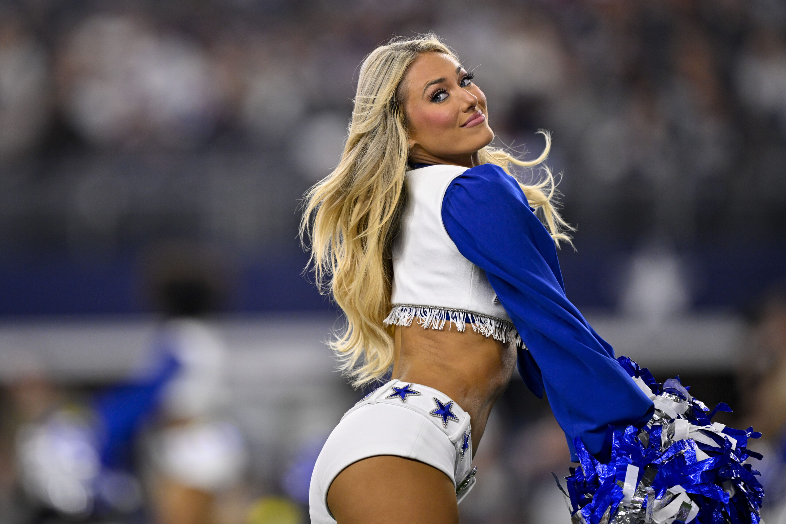 Nov 3, 2025; Arlington, Texas, USA; The Dallas Cowboys cheerleaders perform during the game between the Dallas Cowboys and the Arizona Cardinals at AT&T Stadium. Mandatory Credit: Jerome Miron-Imagn Images