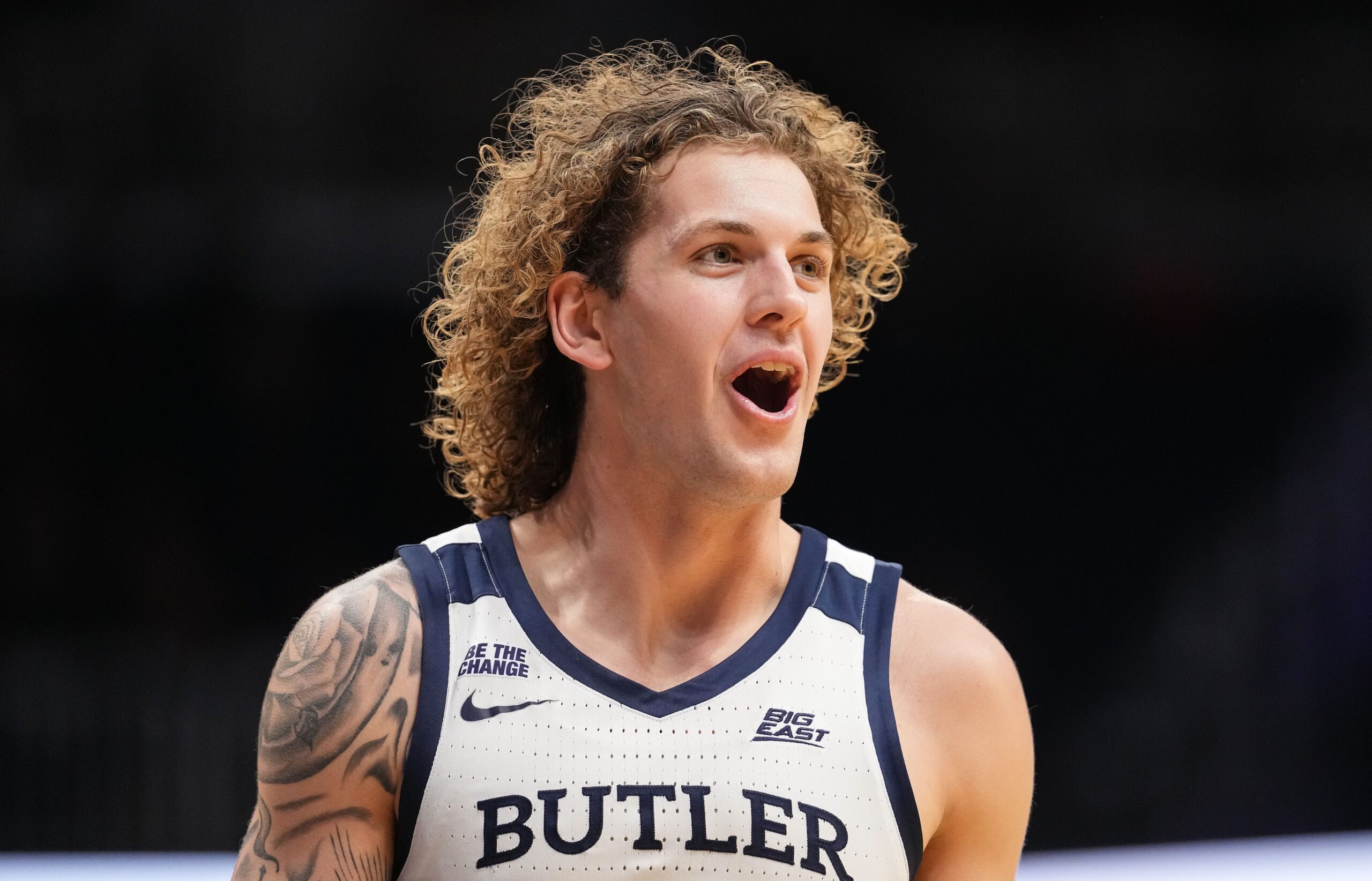 Butler Bulldogs guard Finley Bizjack (11) celebrates scoring back to back three-point basket Tuesday, Nov. 11, 2025, during the game at Hinkle Fieldhouse in Indianapolis.
