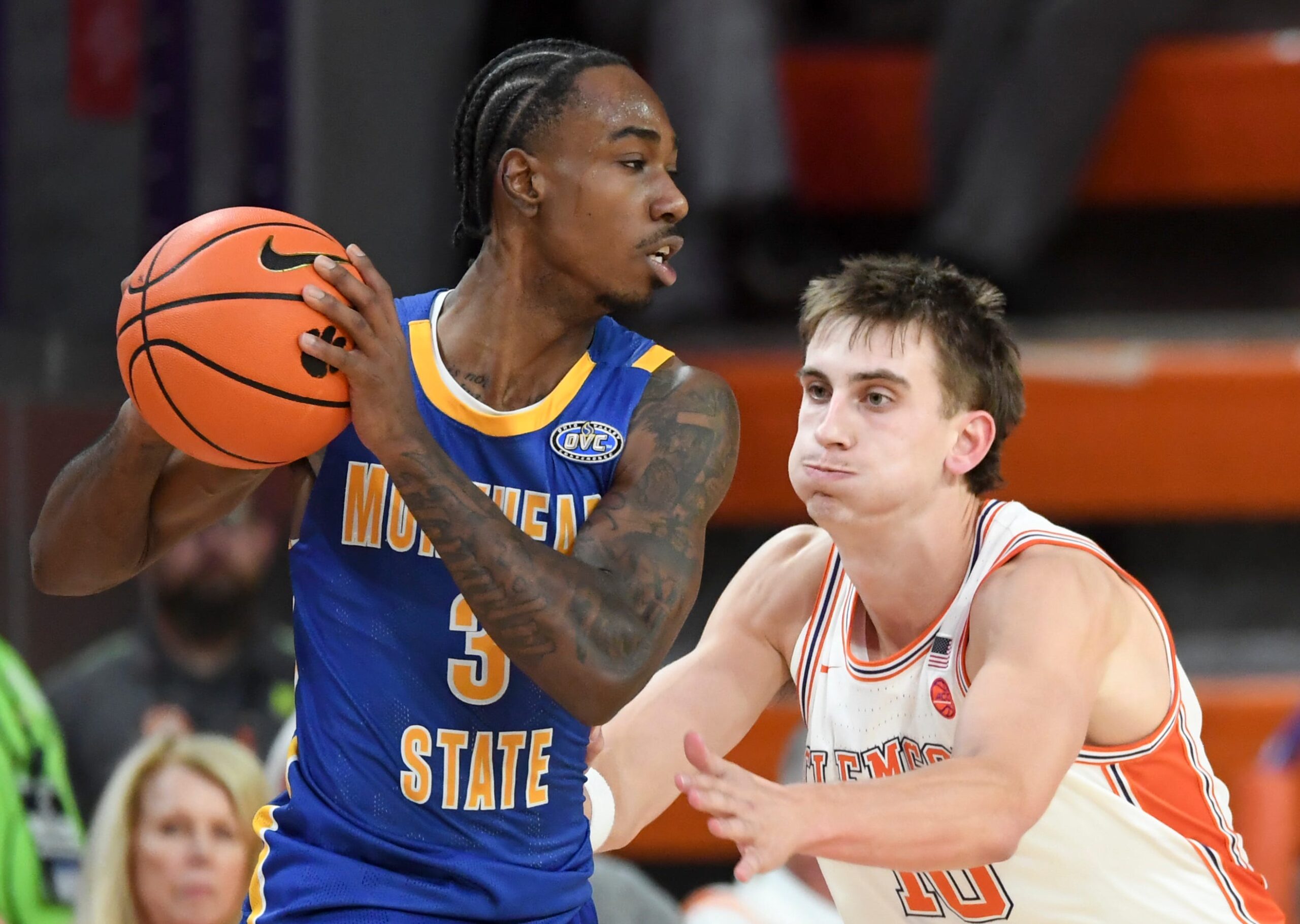 Morehead State Eagles guard George Marshall (3) is defended by Clemson Tigers forward Jake Wahlin (10) Tuesday, Nov. 11, 2025, during the NCAA men’s basketball game at Littlejohn Coliseum in Clemson, South Carolina. Clemson Tigers won 83-56.