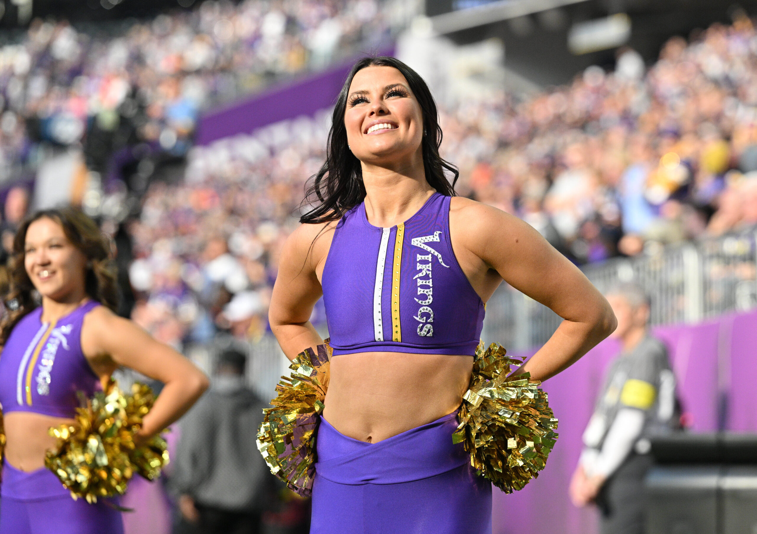 Nov 16, 2025; Minneapolis, Minnesota, USA;  A Minnesota Vikings cheerleader performs during the first quarter against the Chicago Bears at U.S. Bank Stadium. Mandatory Credit: Jeffrey Becker-Imagn Images