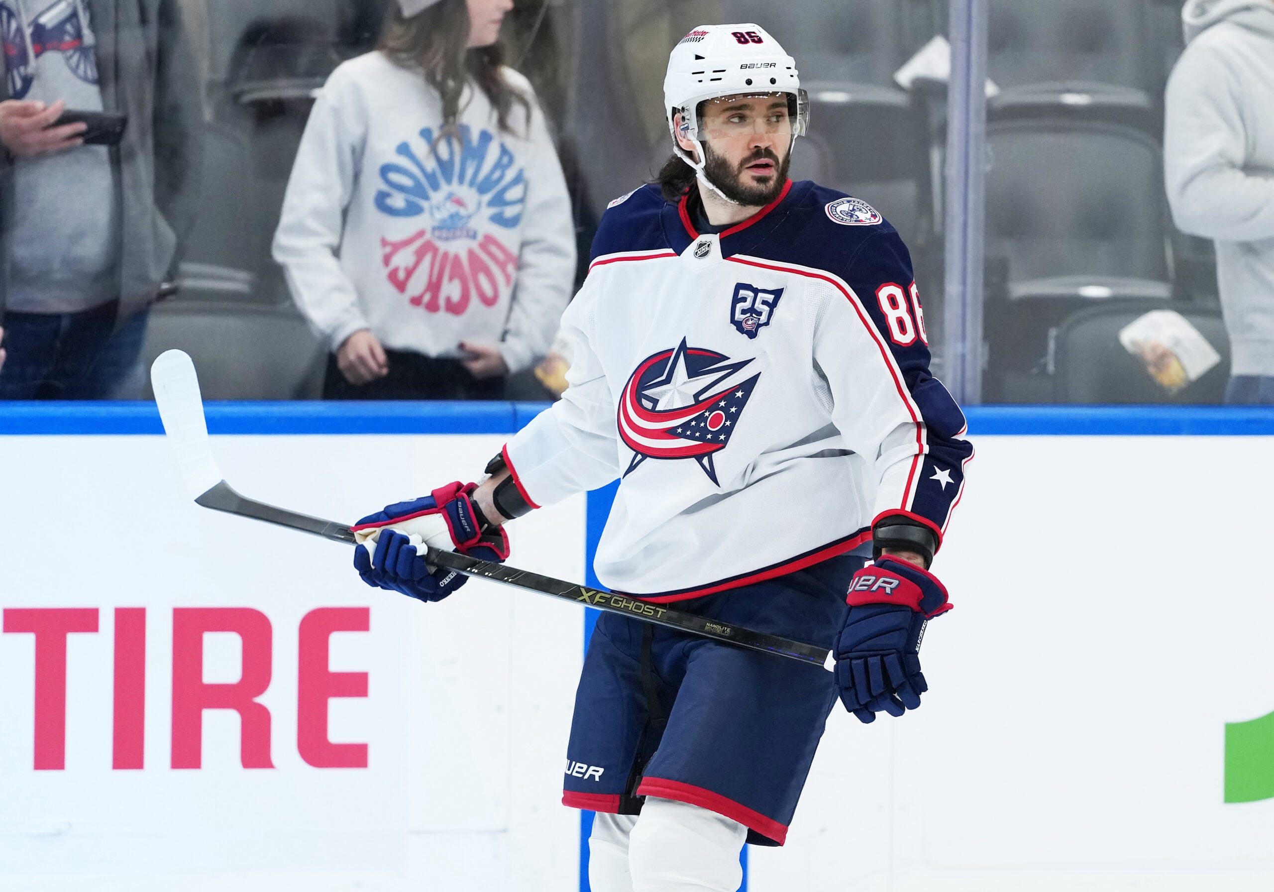 Nov 20, 2025; Toronto, Ontario, CAN;  Columbus Blue Jackets right wing Kirill Marchenko (86) skates during the warmup before a game against the Toronto Maple Leafs at Scotiabank Arena. Mandatory Credit: Nick Turchiaro-Imagn Images
