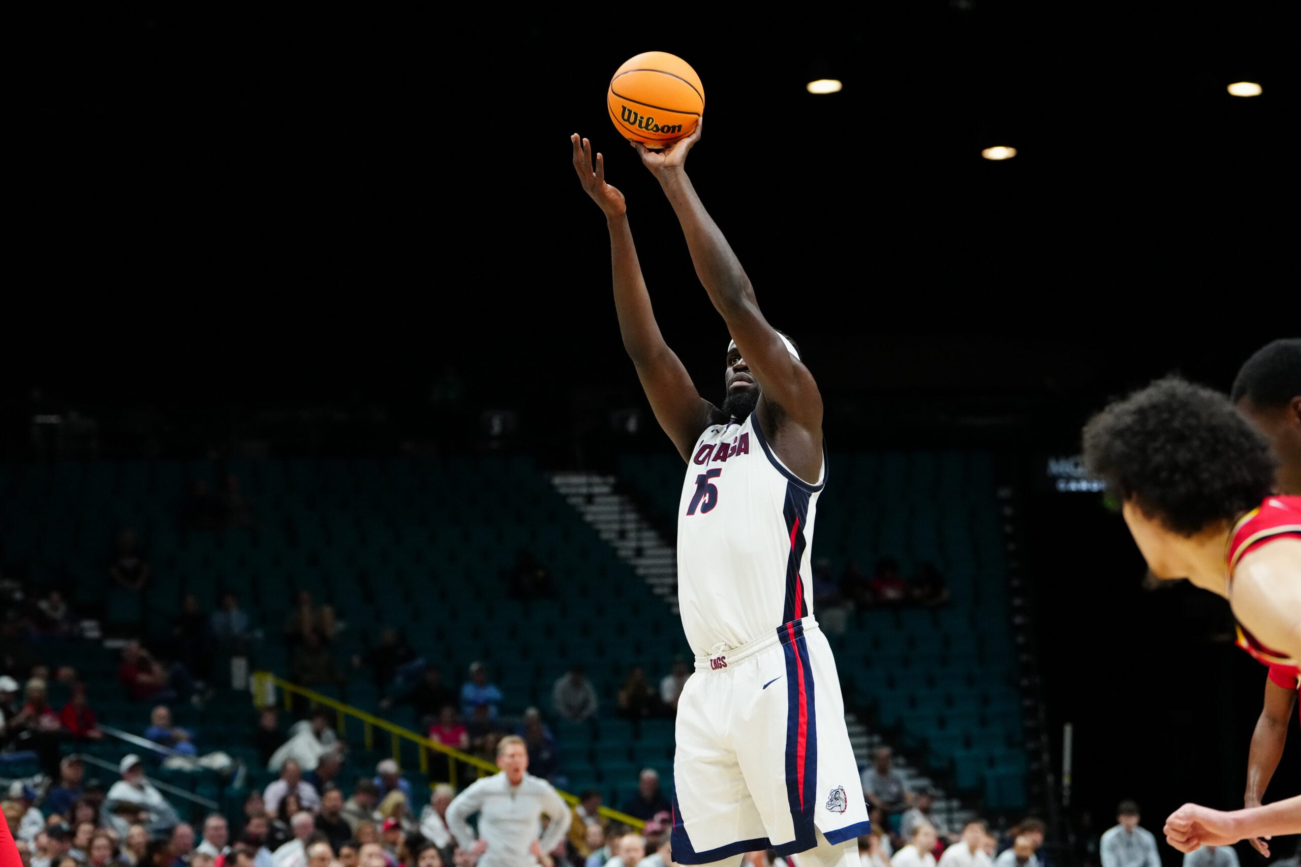 Nov 25, 2025; Las Vegas, NV, USA; Gonzaga Bulldogs forward Graham Ike (15) shoots a free throw in the first half against Maryland Terrapins a 2025 Players Era Festival group play game at MGM Grand Garden Arena. Mandatory Credit: Stephen R. Sylvanie-Imagn Images