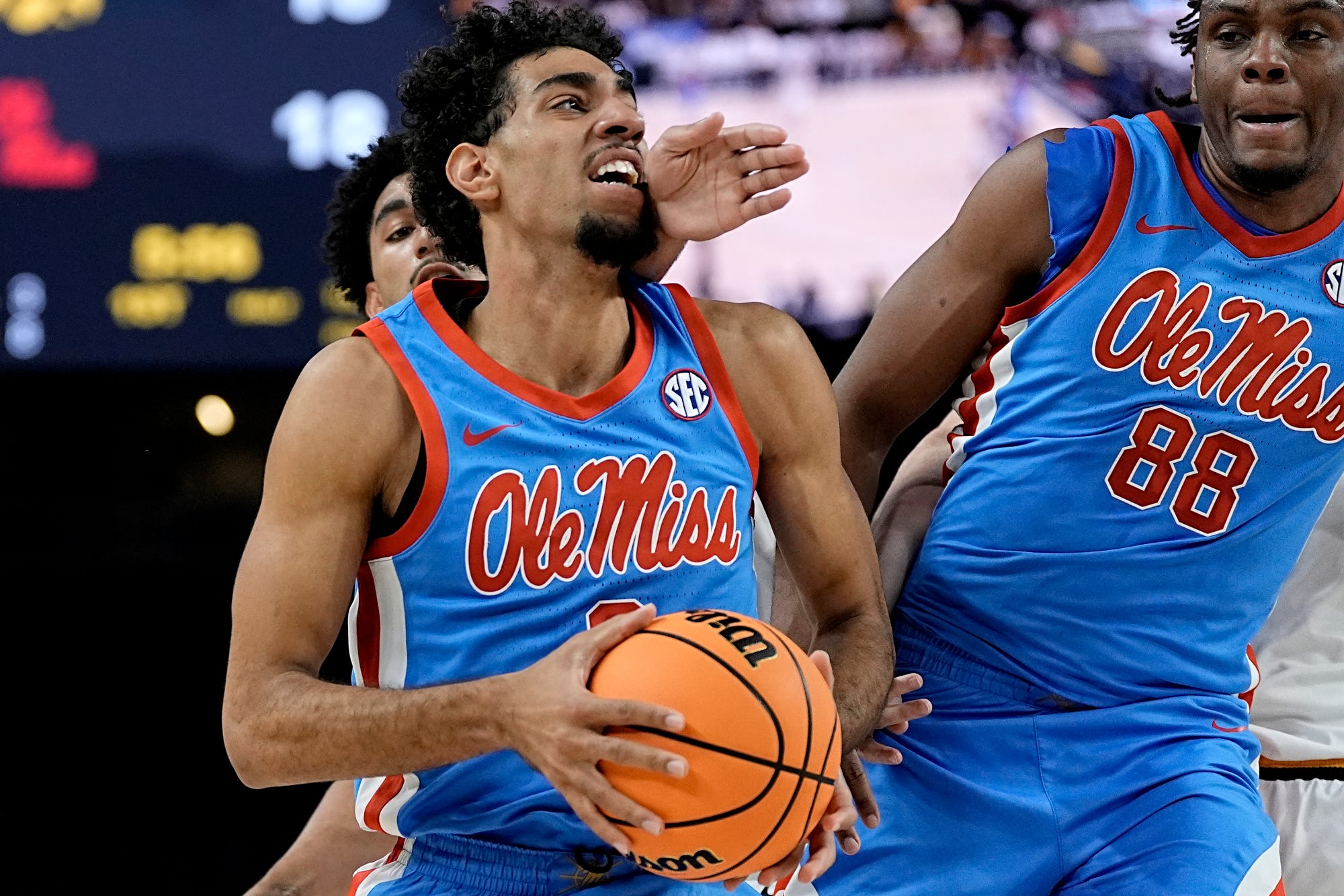 Mississippi guard Ilias Kamardine (6) drives to the basket against Iowa at Acrisure Arena in Palm Desert, Calif., on Nov. 25, 2025.