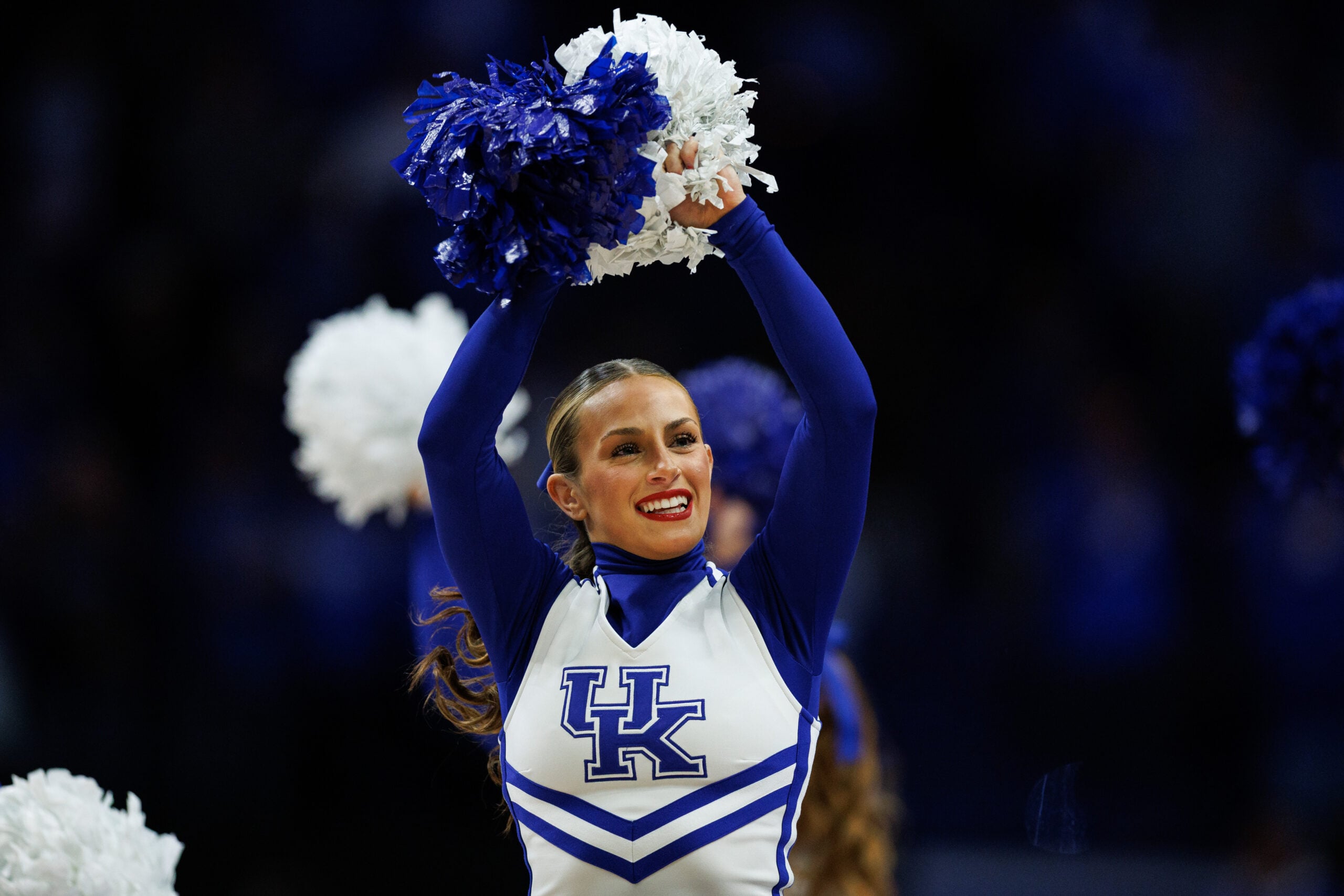 Nov 26, 2025; Lexington, Kentucky, USA; Kentucky Wildcats cheerleaders perform before the game against the Tennessee Tech Golden Eagles at Rupp Arena at Central Bank Center. Mandatory Credit: Jordan Prather-Imagn Images