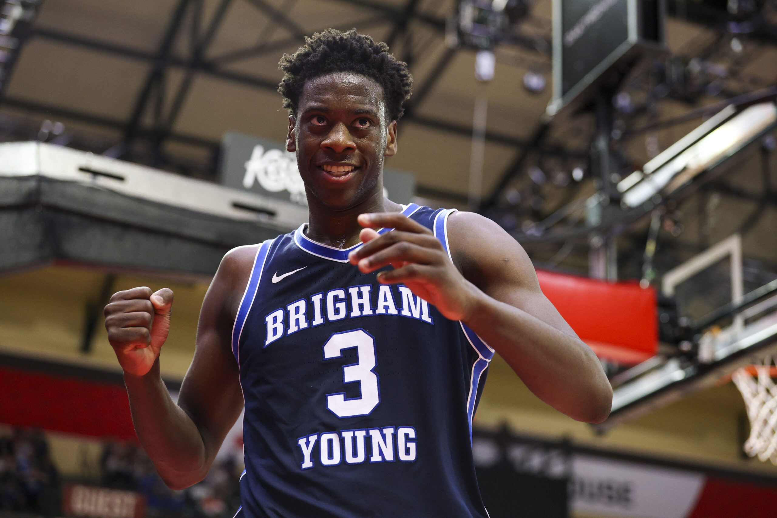Nov 27, 2025; Kissimmee, Florida, USA; Brigham Young University Cougars forward AJ Dybantsa (3) reacts after play against the Miami (FL) Hurricanes in the second half  at State Farm Field House. Mandatory Credit: Nathan Ray Seebeck-Imagn Images