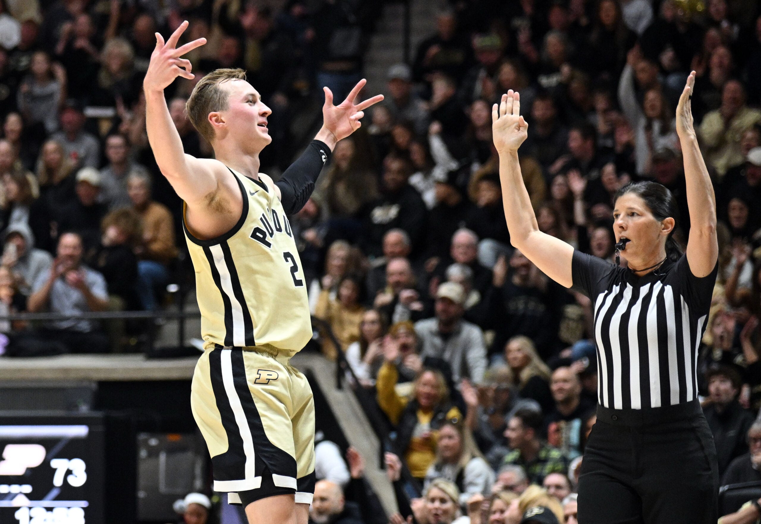 Nov 28, 2025; West Lafayette, Indiana, USA; Purdue Boilermakers guard Fletcher Loyer (2) celebrates a three pointer during the second half against the Eastern Illinois Panthers at Mackey Arena. Mandatory Credit: Marc Lebryk-Imagn Images