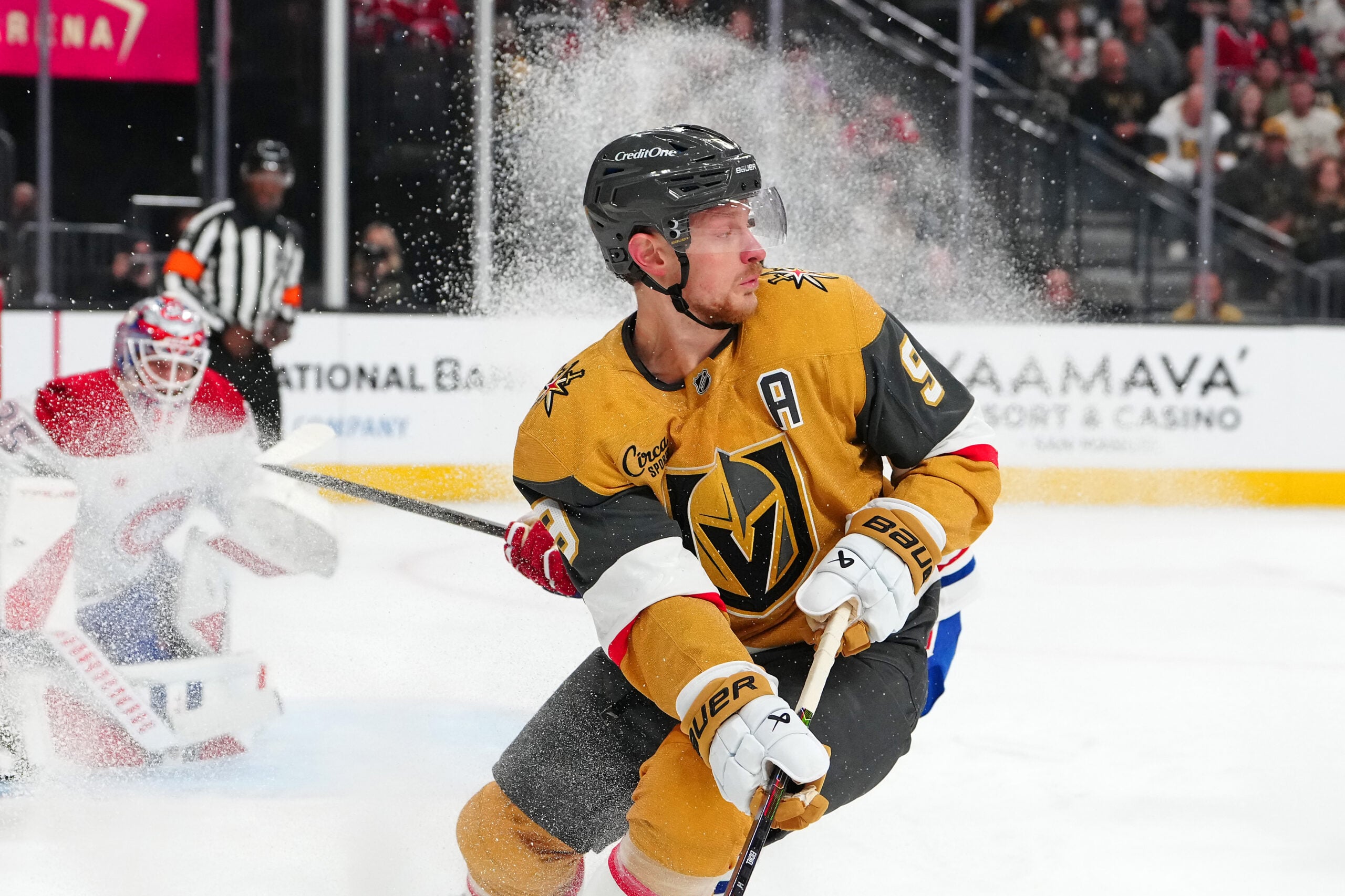 Nov 28, 2025; Las Vegas, Nevada, USA; Vegas Golden Knights center Jack Eichel (9) skates against the Montreal Canadiens during the first period at T-Mobile Arena. Mandatory Credit: Stephen R. Sylvanie-Imagn Images