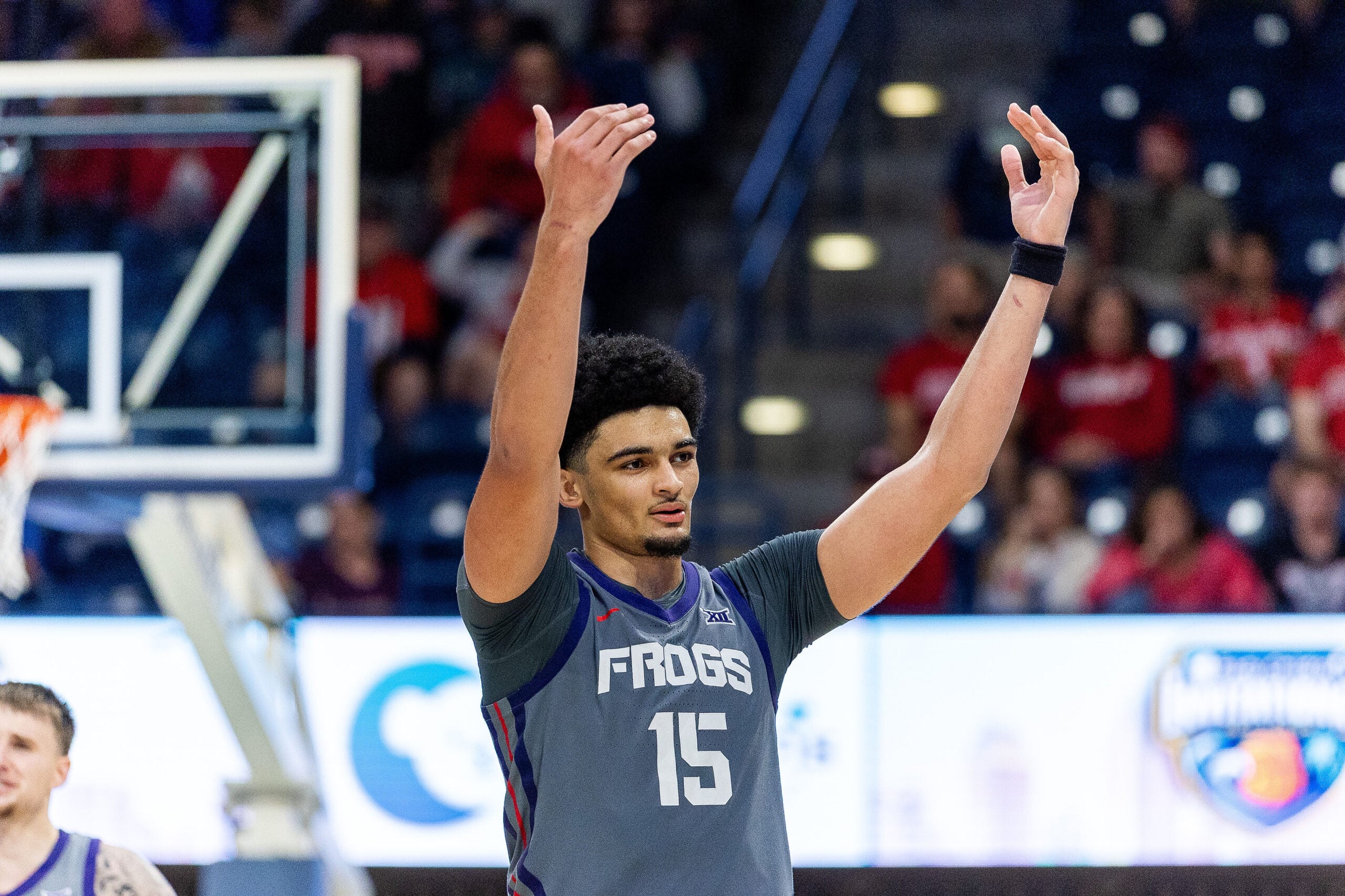 Nov 28, 2025; San Diego, CA, USA; Texas Christian University Horned Frogs forward David Punch (15) reacts against the Wisconsin Badgers during the second half at Jenny Craig Pavilion. Mandatory Credit: Abe Arredondo-Imagn Images