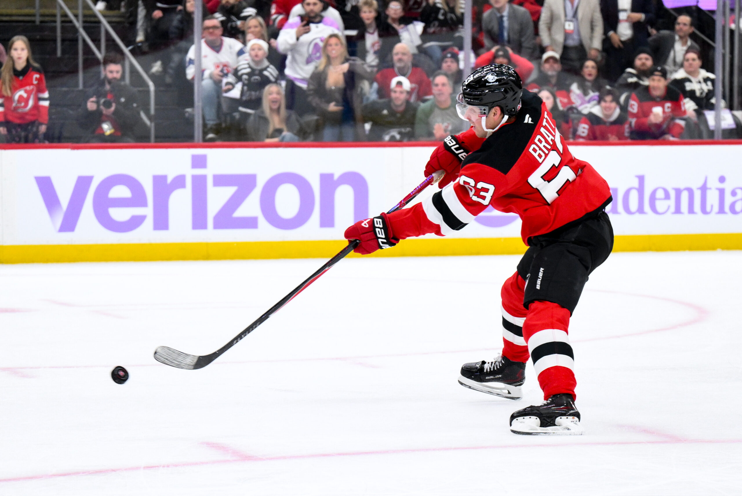 Nov 29, 2025; Newark, New Jersey, USA; New Jersey Devils left wing Jesper Bratt (63) shoots against the Philadelphia Flyers during the second period at Prudential Center. Mandatory Credit: John Jones-Imagn Images