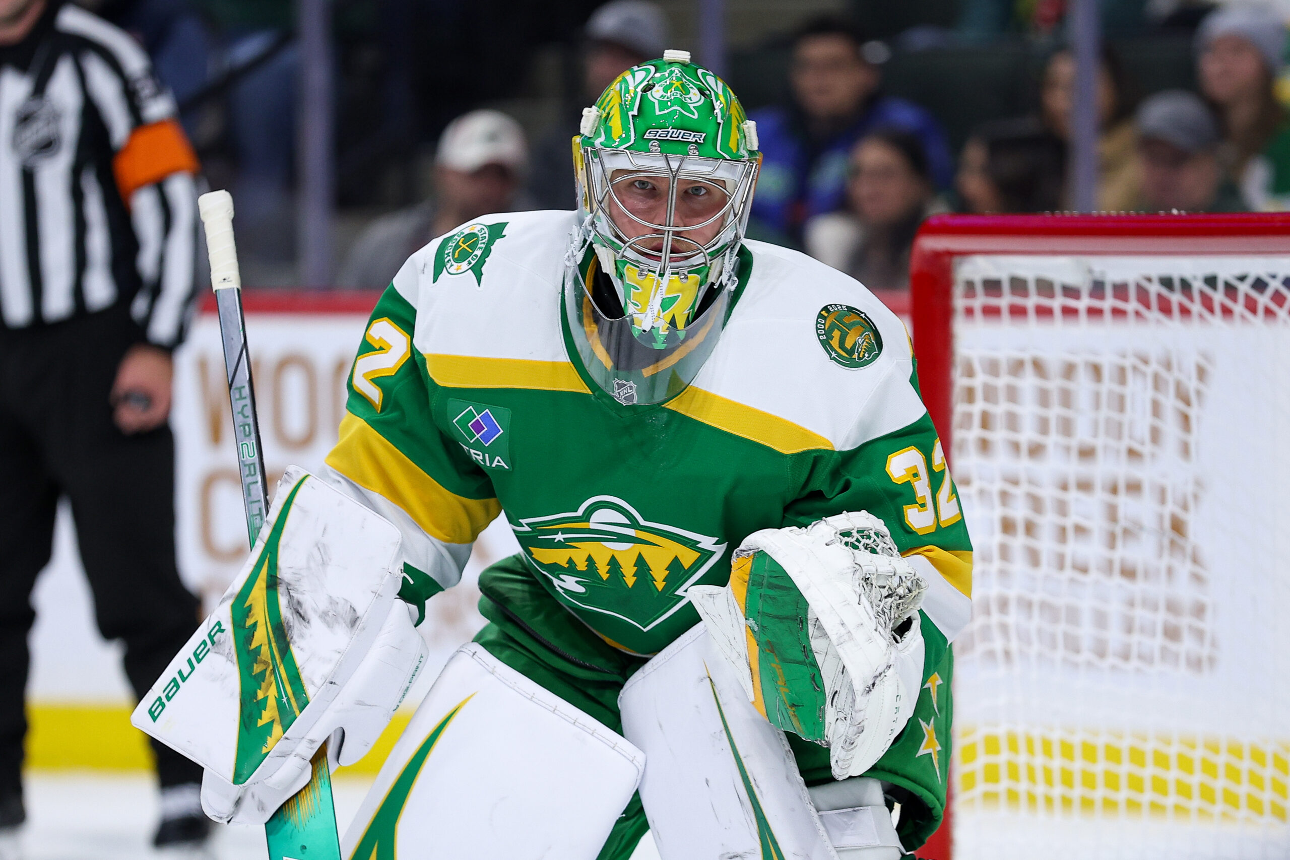 Nov 29, 2025; Saint Paul, Minnesota, USA; Minnesota Wild goaltender Filip Gustavsson (32) defends his net against the Buffalo Sabres during the second period at Grand Casino Arena. Mandatory Credit: Matt Krohn-Imagn Images