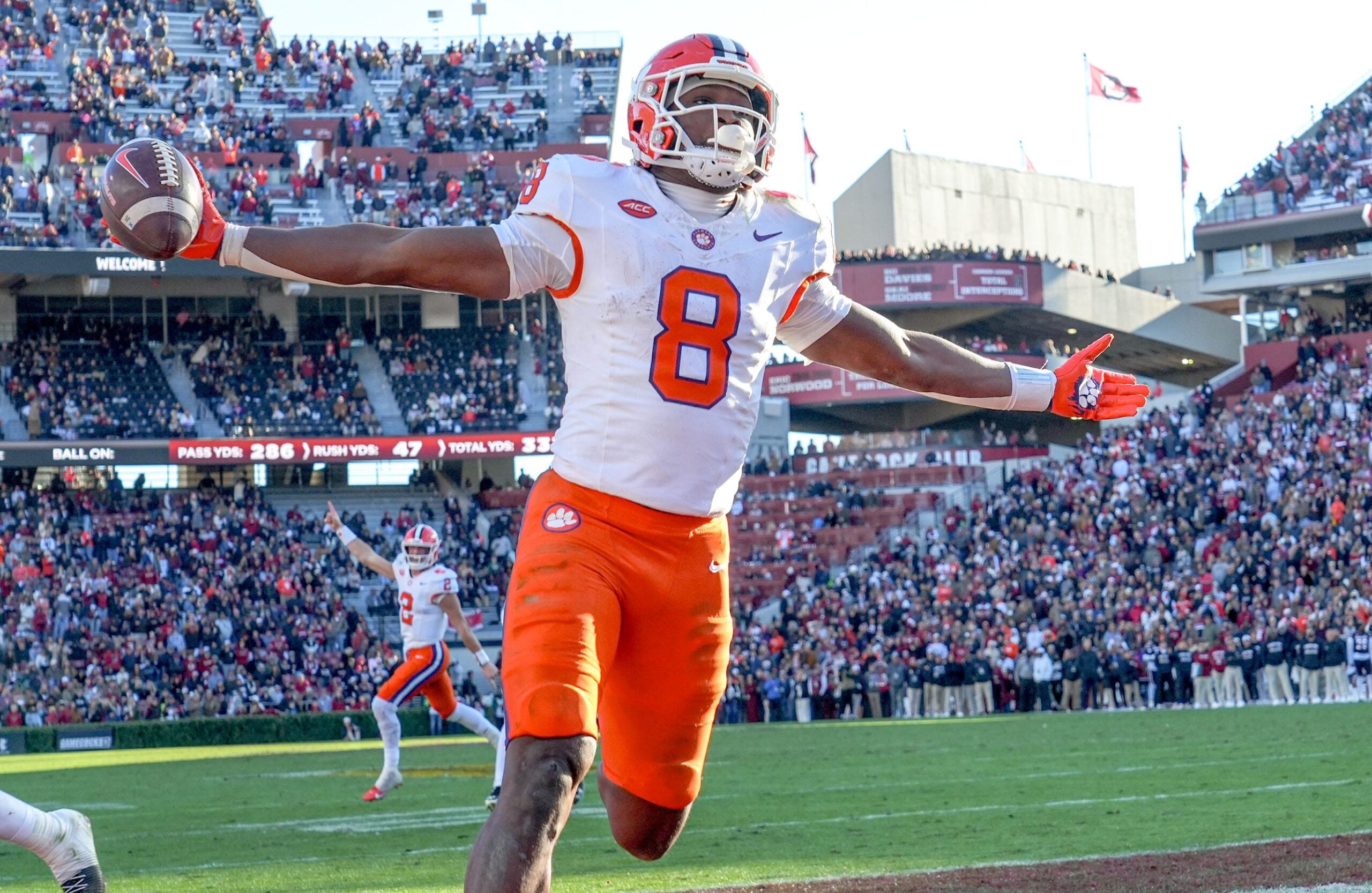 Clemson running back Adam Randall (8) scores a two-point conversion against South Carolina during the fourth quarter at Williams-Brice Stadium in Columbia, S.C. Saturday, November 29, 2025.