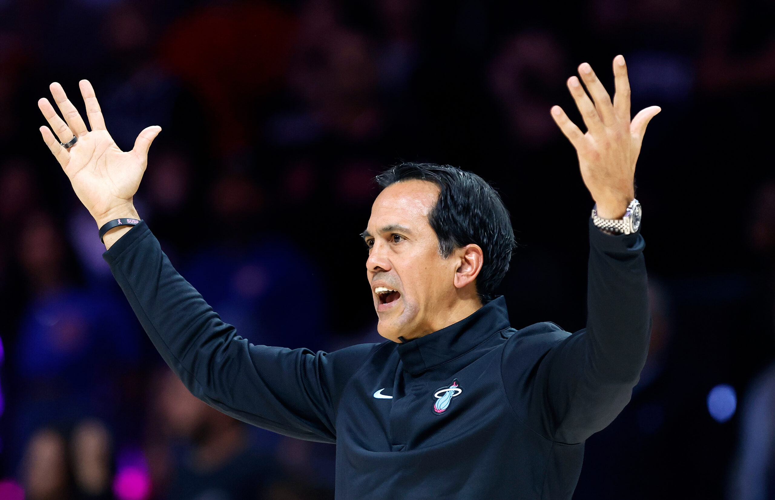 Nov 29, 2025; Miami, Florida, USA; Miami Heat head coach Erik Spoelstra reacts during the second half against the Detroit Pistons at Kaseya Center. Mandatory Credit: Rhona Wise-Imagn Images