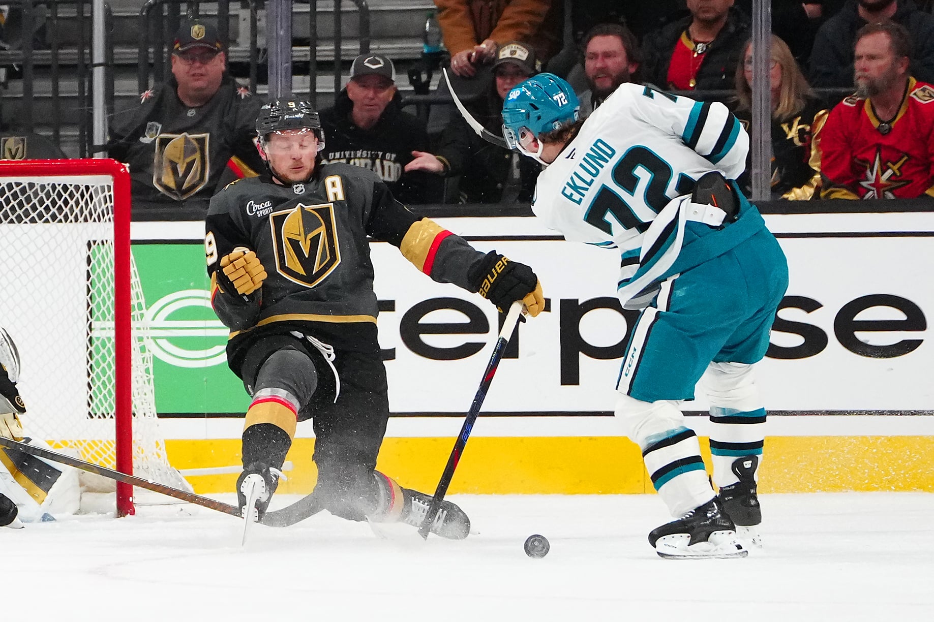 Nov 29, 2025; Las Vegas, Nevada, USA; Vegas Golden Knights center Jack Eichel (9) looks to block a shot attempt by San Jose Sharks left wing William Eklund (72) during the third period at T-Mobile Arena. Mandatory Credit: Stephen R. Sylvanie-Imagn Images