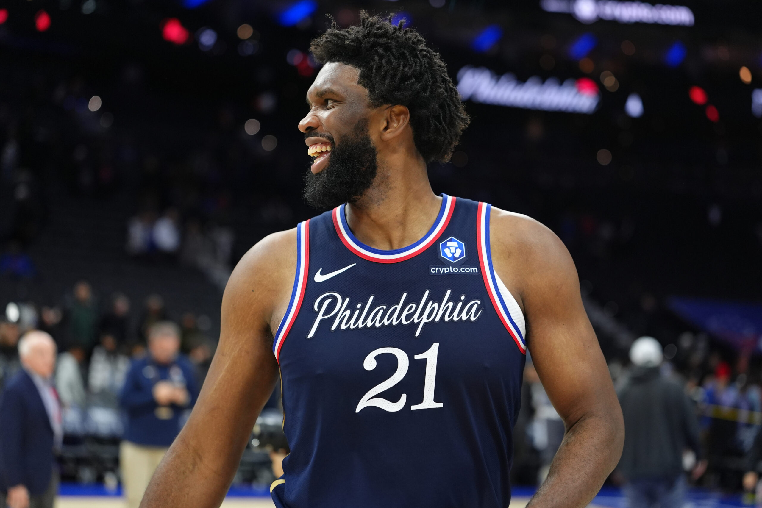 Nov 30, 2025; Philadelphia, Pennsylvania, USA; Philadelphia 76ers center Joel Embiid (21) reacts after the game against the Atlanta Hawks at Xfinity Mobile Arena. Mandatory Credit: Kyle Ross-Imagn Images