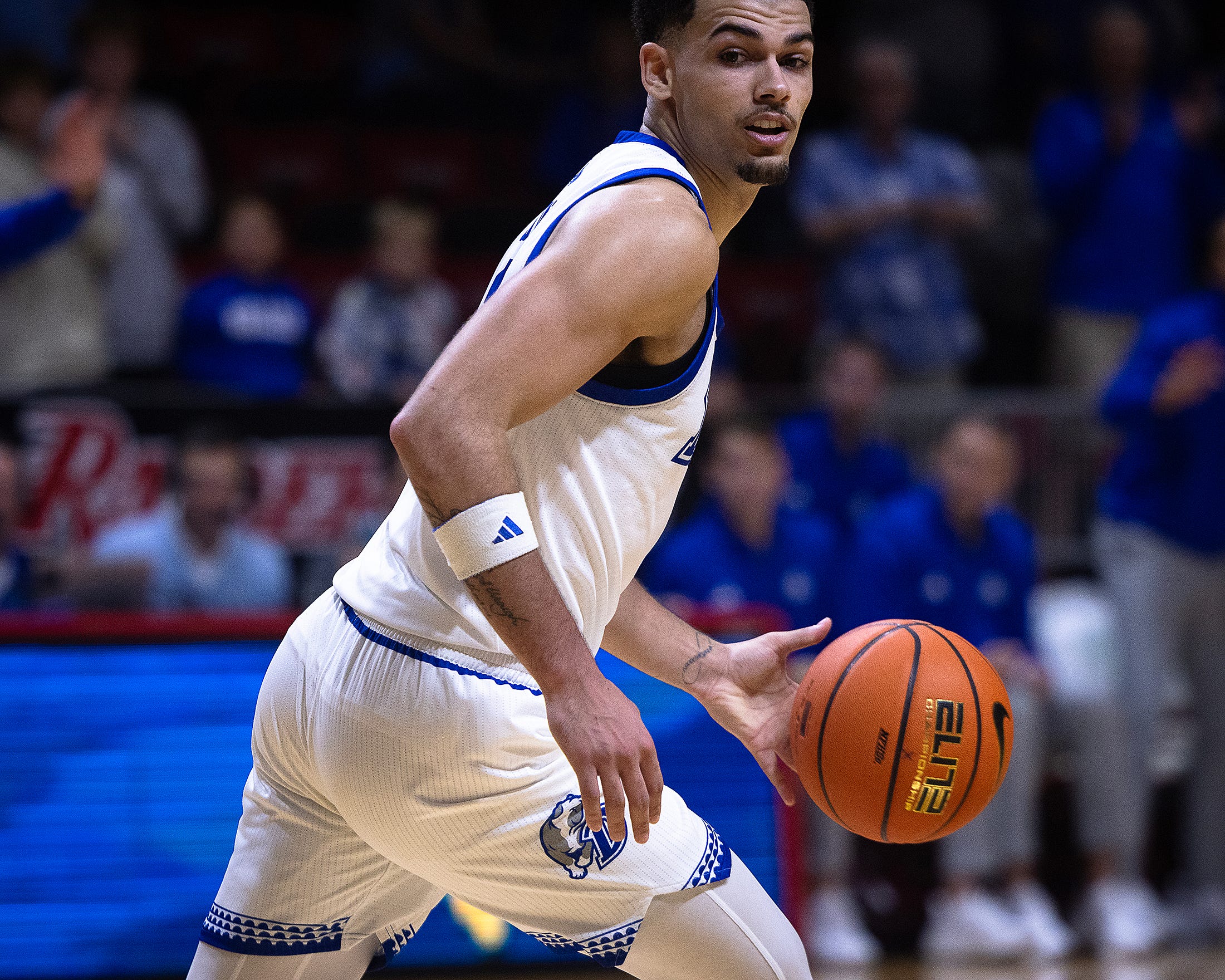 Drake's Jalen Quinn (3) is seen against Georgia Tech during the Emerald Coast Classic 3rd-place game at Raider Arena in Niceville, Fla., Nov. 29, 2025. Drake won the game 84-74. (Tyler Orsburn/News Herald)