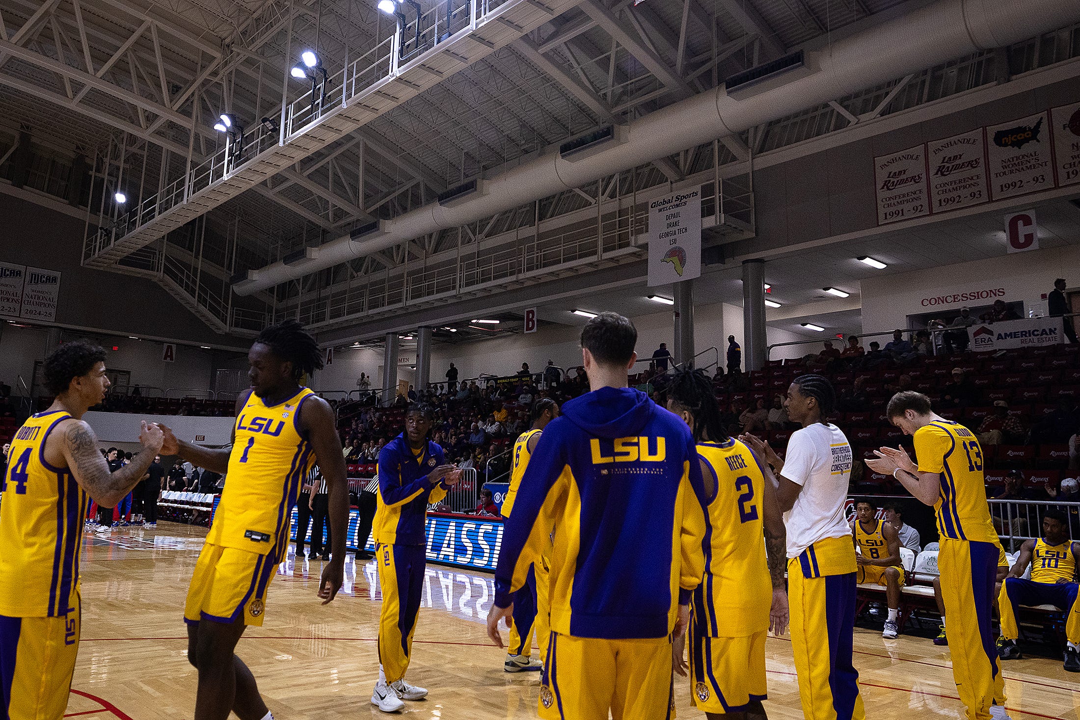 LSU's Mike Nwoko (1) is introduced before the start of the DePaul game at Raider Arena in Niceville, Fla., Nov. 29, 2025. The Tigers won the Emerald Coast Classic championship 96-63. (Tyler Orsburn/News Herald)