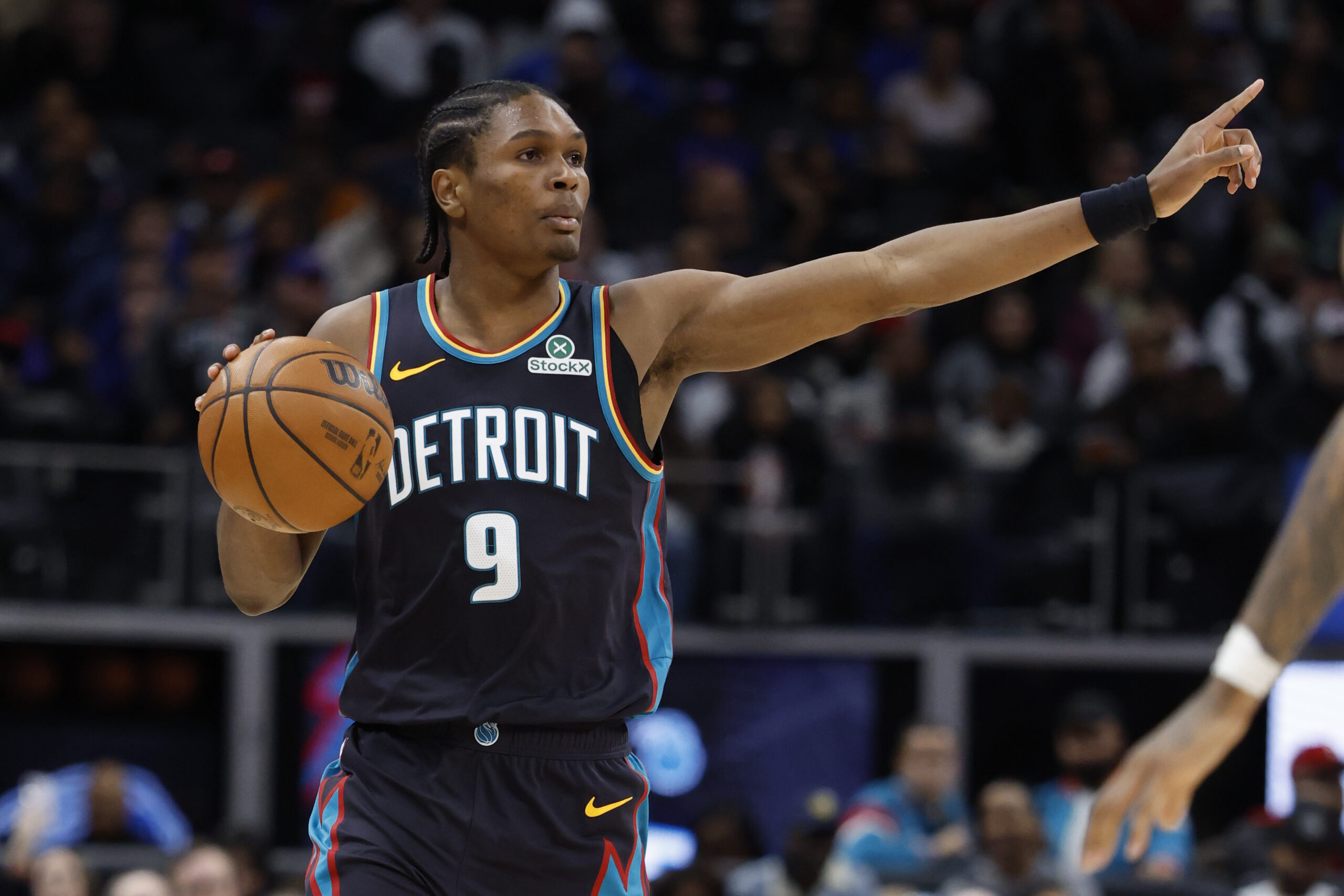 Dec 1, 2025; Detroit, Michigan, USA;  Detroit Pistons guard Ausar Thompson (9) dribbles in the second half against the Atlanta Hawks at Little Caesars Arena. Mandatory Credit: Rick Osentoski-Imagn Images