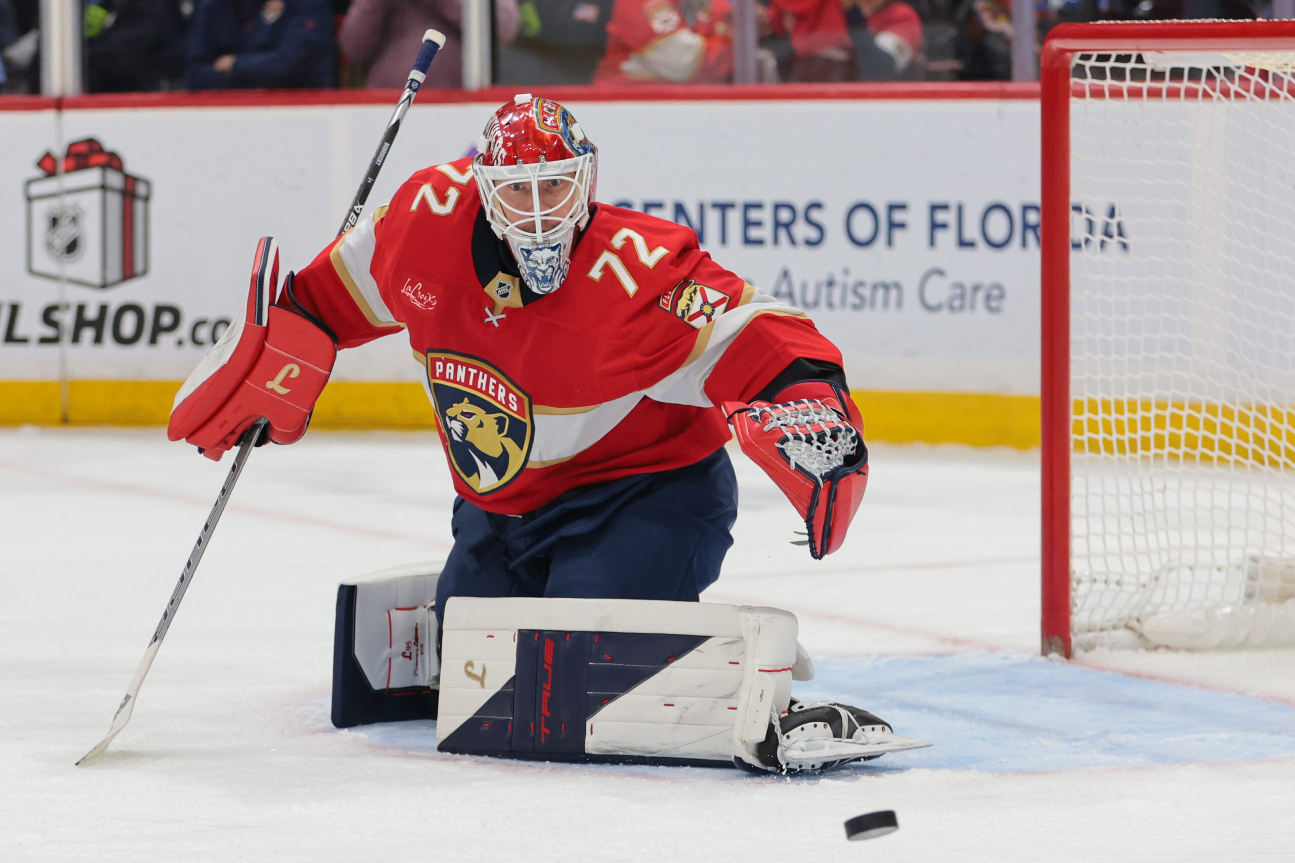 Dec 2, 2025; Sunrise, Florida, USA; Florida Panthers goaltender Sergei Bobrovsky (72) makes a save against the Toronto Maple Leafs during the second period at Amerant Bank Arena. Mandatory Credit: Sam Navarro-Imagn Images