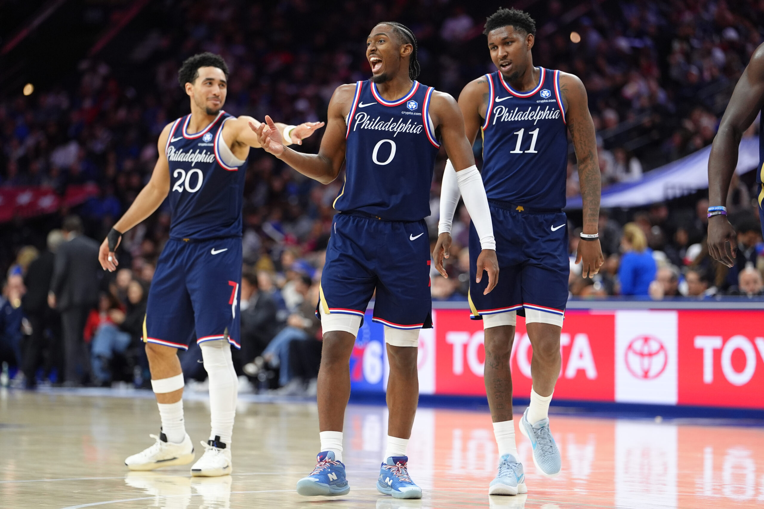 Dec 2, 2025; Philadelphia, Pennsylvania, USA; Philadelphia 76ers guard Tyrese Maxey (0) reacts against the Washington Wizards in the third quarter at Xfinity Mobile Arena. Mandatory Credit: Kyle Ross-Imagn Images