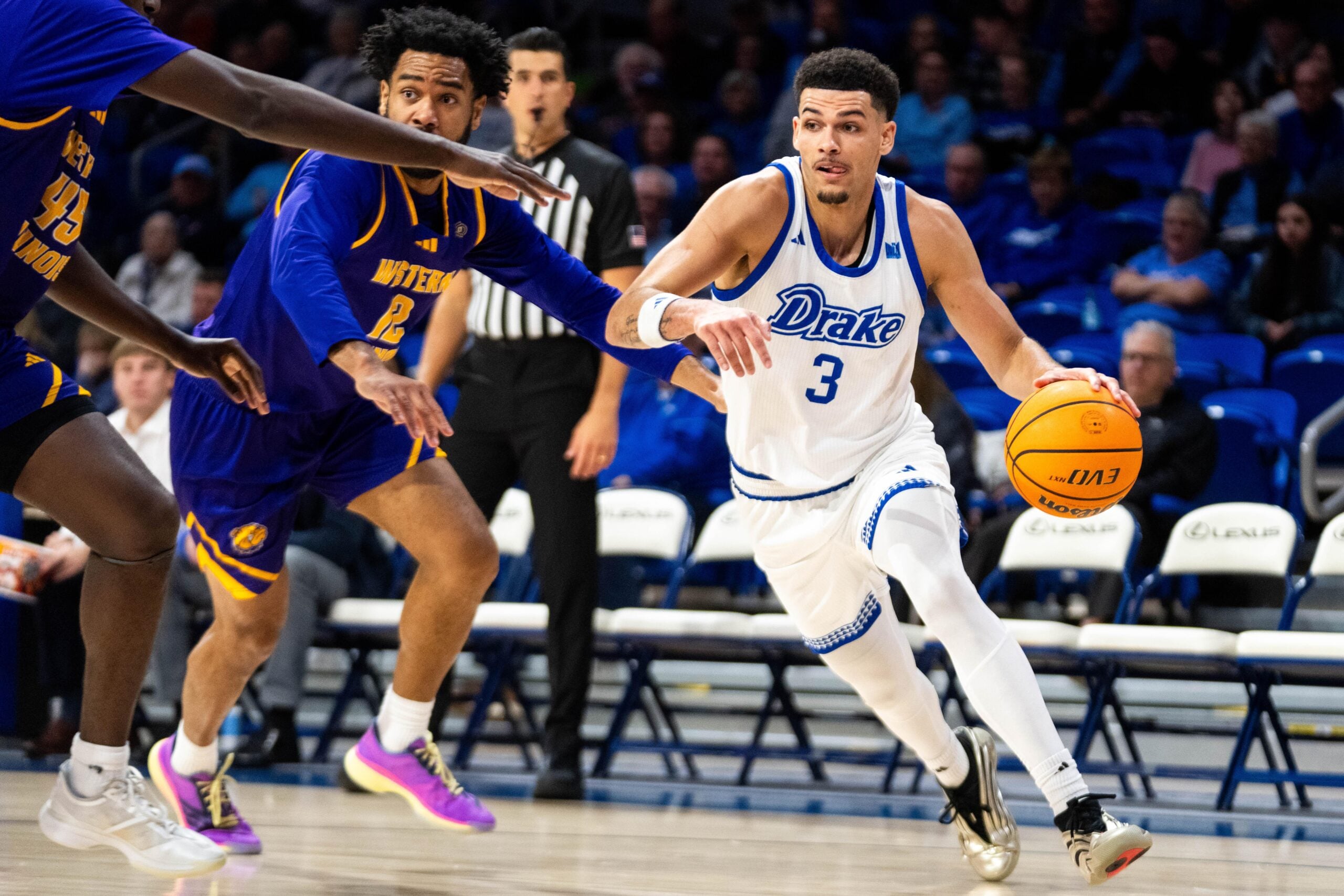 Drake’s Jalen Quinn (3) drives down the baseline against Western Illinois on Dec. 2, 2025, at the Knapp Center in Des Moines.