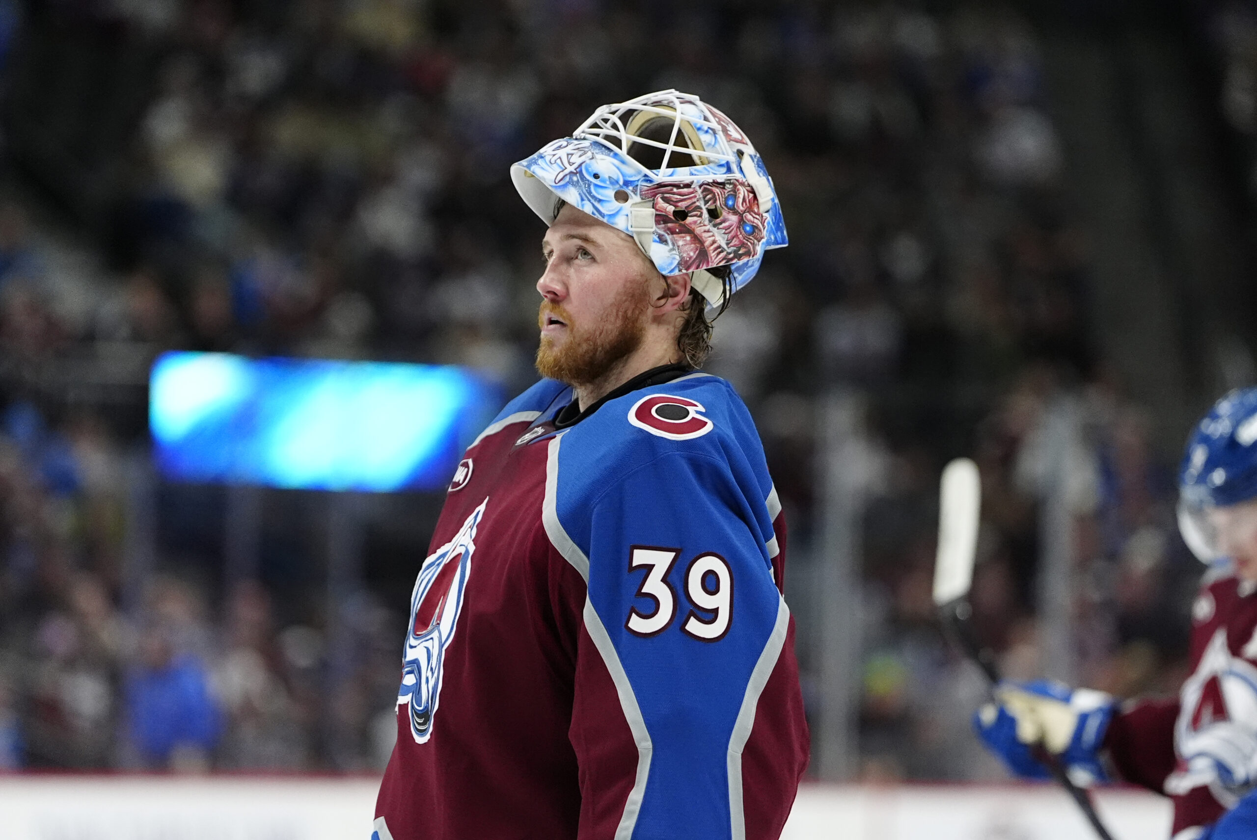 Dec 2, 2025; Denver, Colorado, USA; Colorado Avalanche goaltender Mackenzie Blackwood (39) during at time out in the third period against the Vancouver Canucks at Ball Arena. Mandatory Credit: Ron Chenoy-Imagn Images
