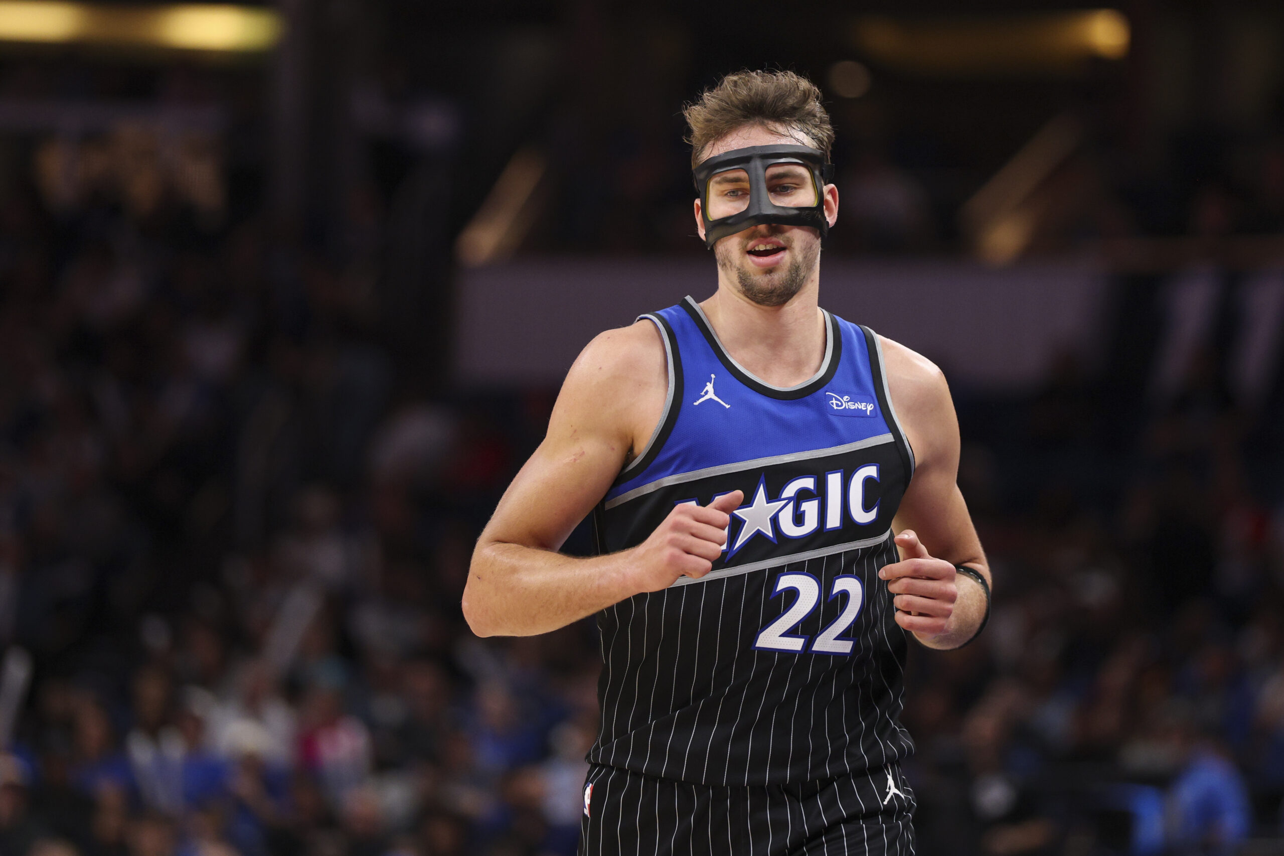 Dec 3, 2025; Orlando, Florida, USA; Orlando Magic forward Franz Wagner (22) looks on against the San Antonio Spurs in the fourth quarter at Kia Center. Mandatory Credit: Nathan Ray Seebeck-Imagn Images
