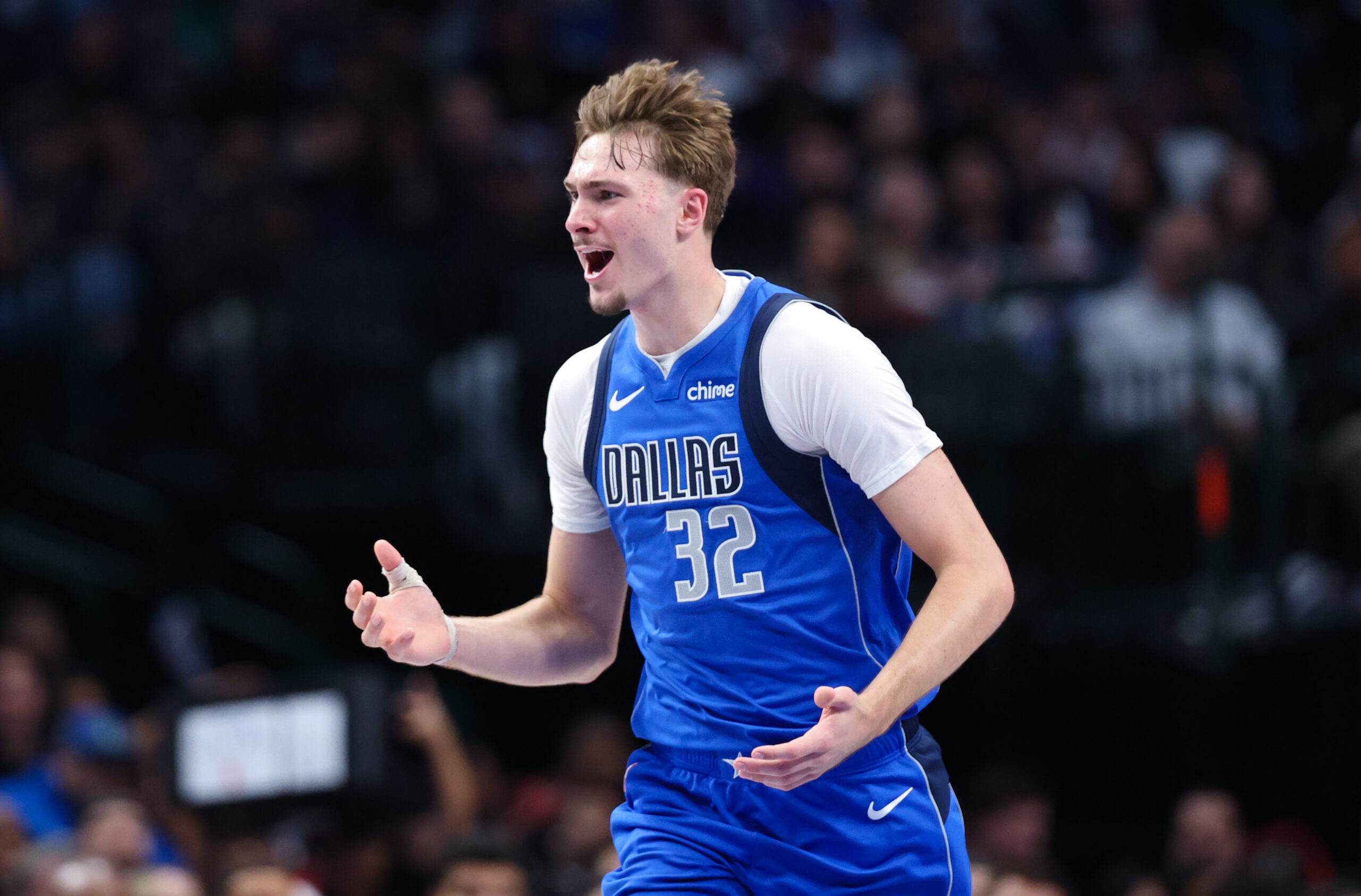 Dec 3, 2025; Dallas, Texas, USA; Dallas Mavericks forward Cooper Flagg (32) reacts against the Miami Heat during the second half at American Airlines Center. Mandatory Credit: Kevin Jairaj-Imagn Images