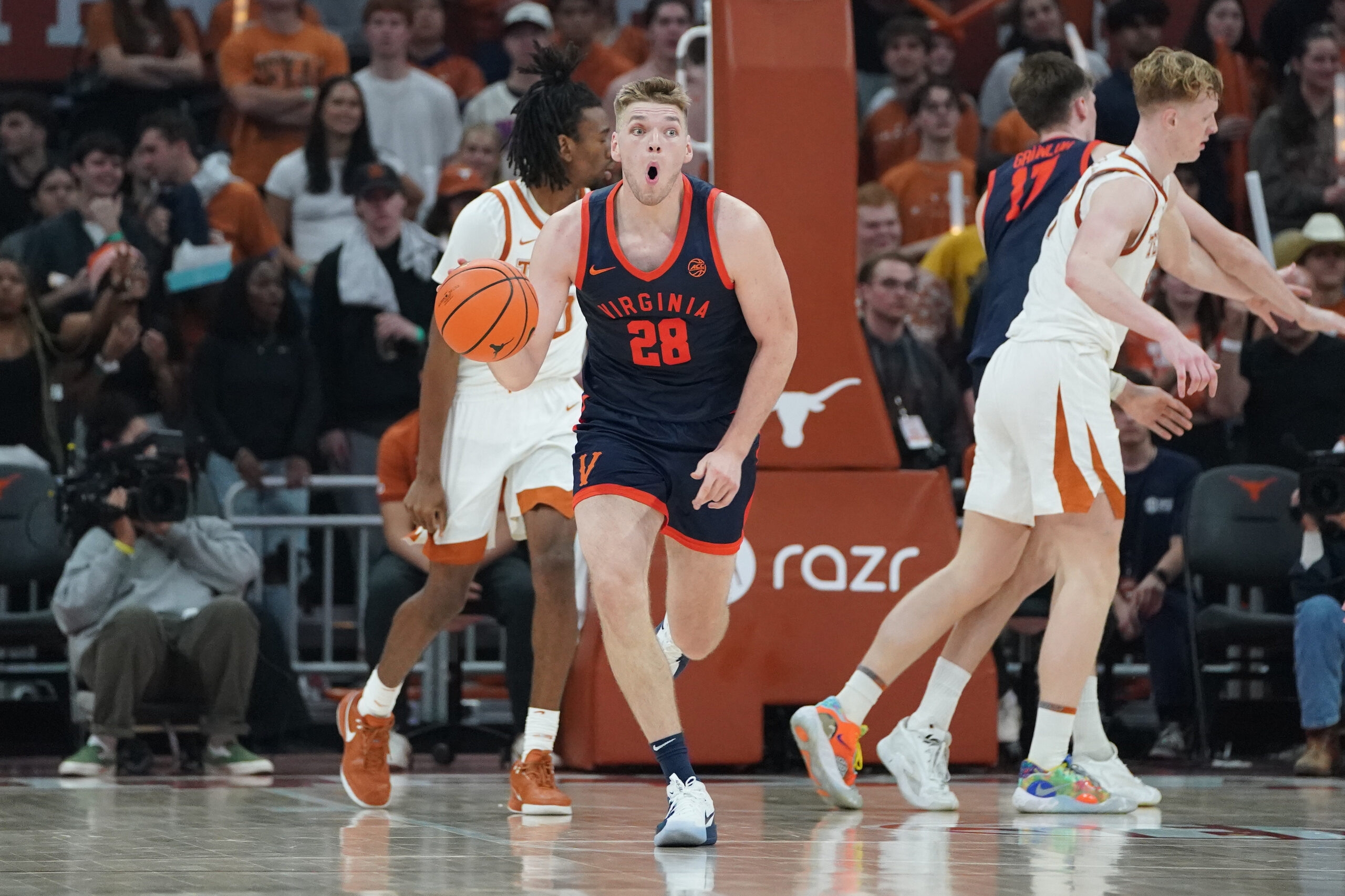 Dec 3, 2025; Austin, Texas, USA; Virginia Cavaliers forward Thijs De Ridder (28) reacts during the second half against the Texas Longhorns at Moody Center. Mandatory Credit: Dustin Safranek-Imagn Images