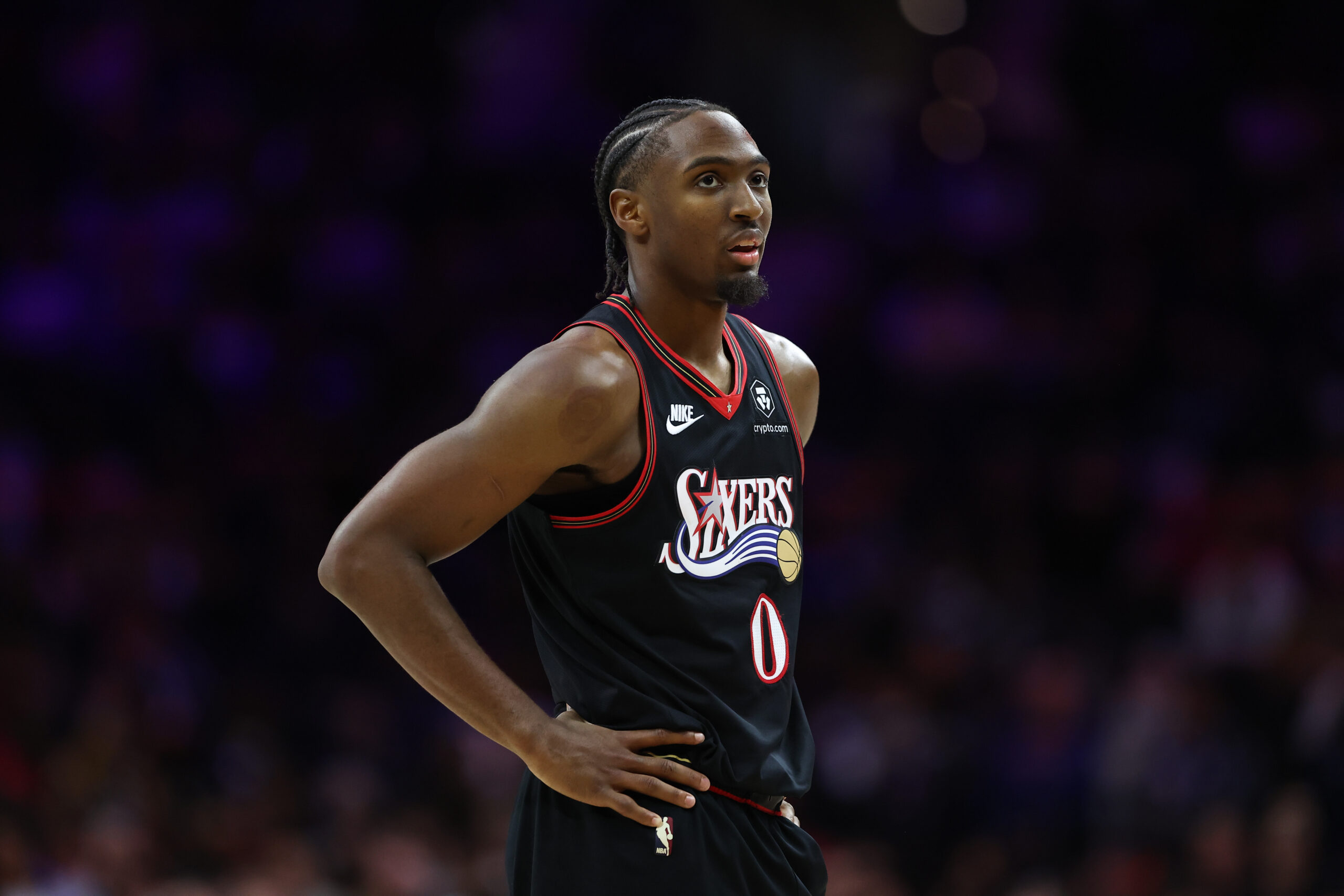 Dec 4, 2025; Philadelphia, Pennsylvania, USA; Philadelphia 76ers guard Tyrese Maxey (0) looks on during the third quarter against the Golden State Warriors at Xfinity Mobile Arena. Mandatory Credit: Bill Streicher-Imagn Images