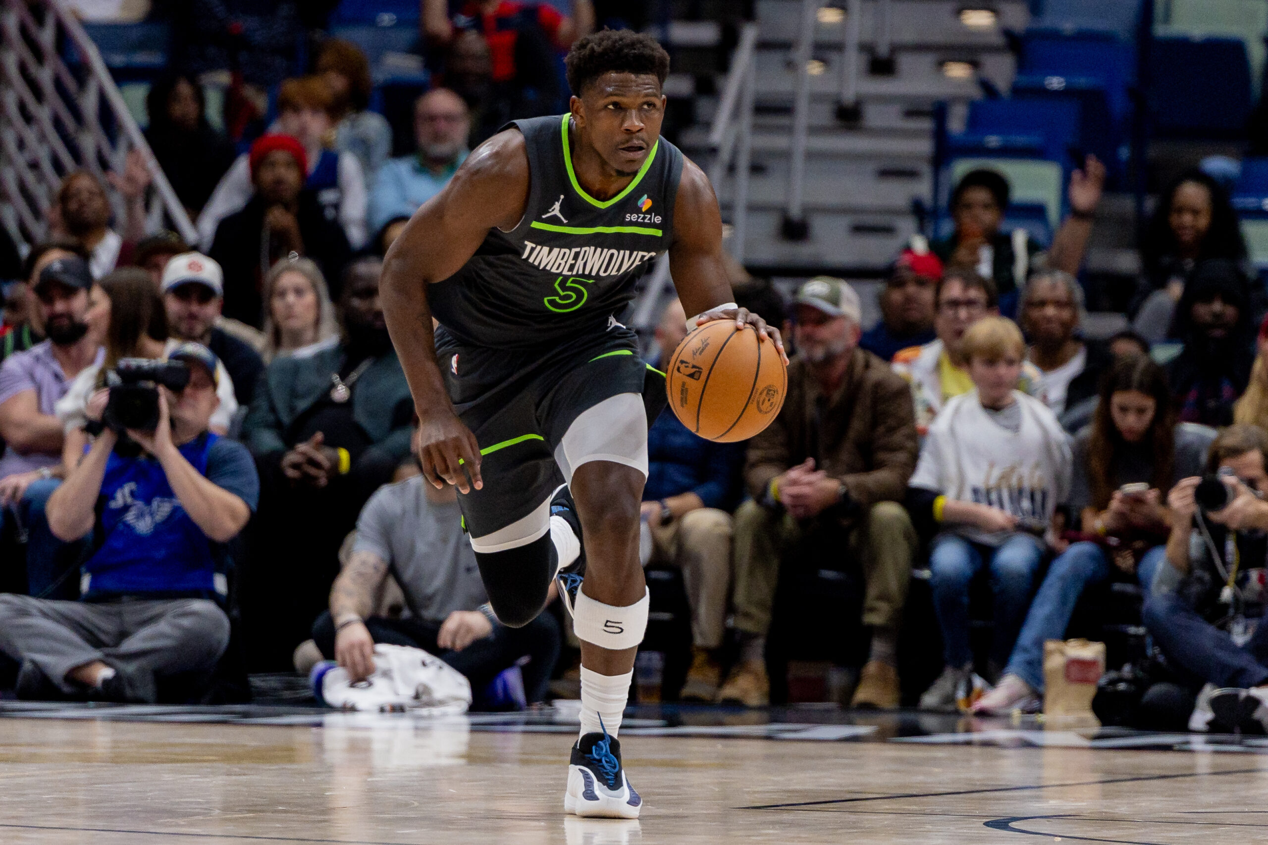 Dec 4, 2025; New Orleans, Louisiana, USA; Minnesota Timberwolves guard Anthony Edwards (5) brings the ball up court against the New Orleans Pelicans during the second half at Smoothie King Center. Mandatory Credit: Stephen Lew-Imagn Images
