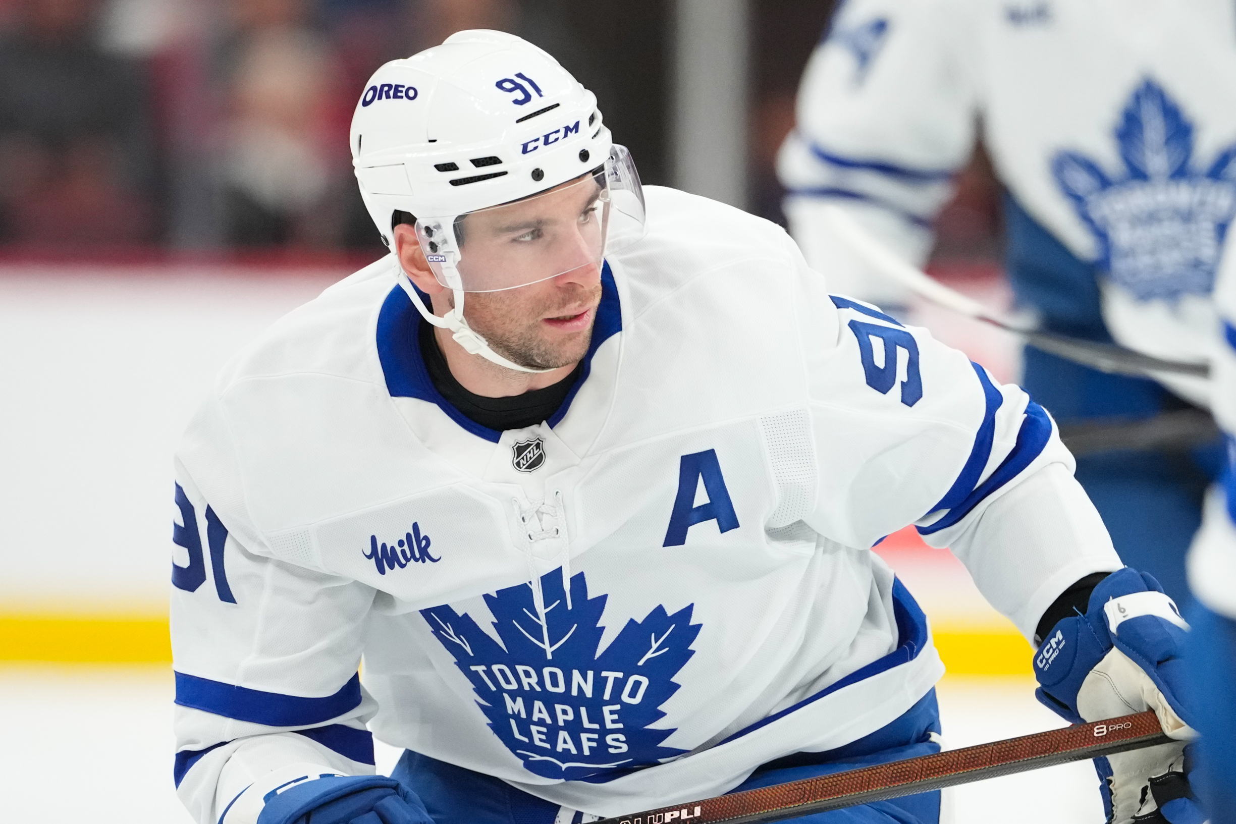 Dec 4, 2025; Raleigh, North Carolina, USA; Toronto Maple Leafs center John Tavares (91) watched the play against the Carolina Hurricanes during the third period at Lenovo Center. Mandatory Credit: James Guillory-Imagn Images
