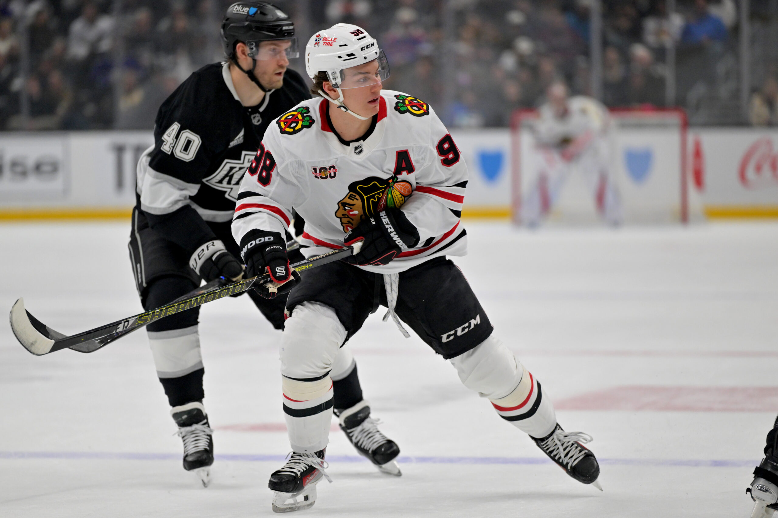 Dec 4, 2025; Los Angeles, California, USA;  Chicago Blackhawks center Connor Bedard (98)  during the first period against the Los Angeles Kings at Crypto.com Arena. Mandatory Credit: Jayne Kamin-Oncea-Imagn Images