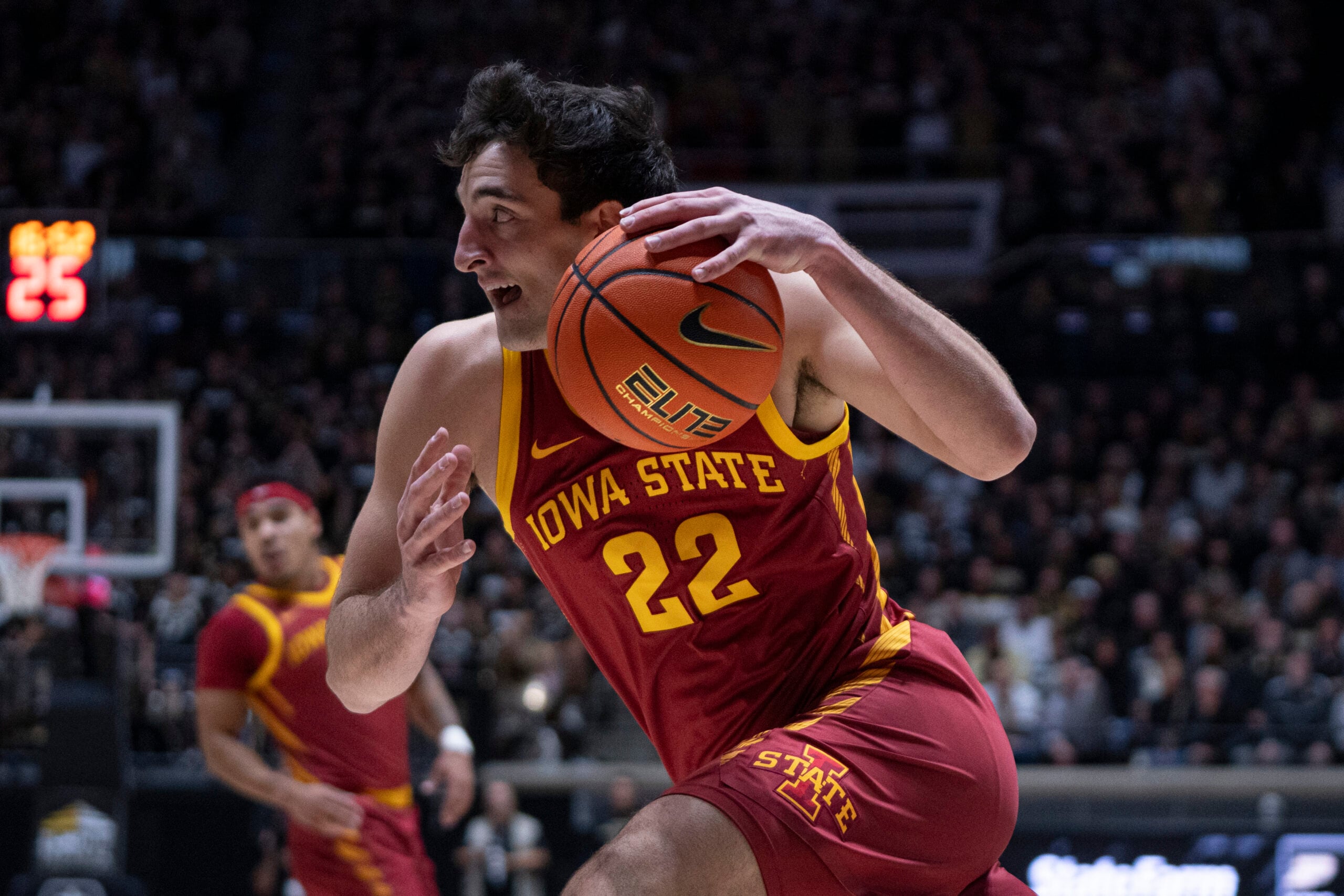 Dec 6, 2025; West Lafayette, Indiana, USA; Iowa State Cyclones forward Milan Momcilovic (22) dribbles the ball during the first half against the Purdue Boilermakers at Mackey Arena. Mandatory Credit: Jacob Musselman-Imagn Images