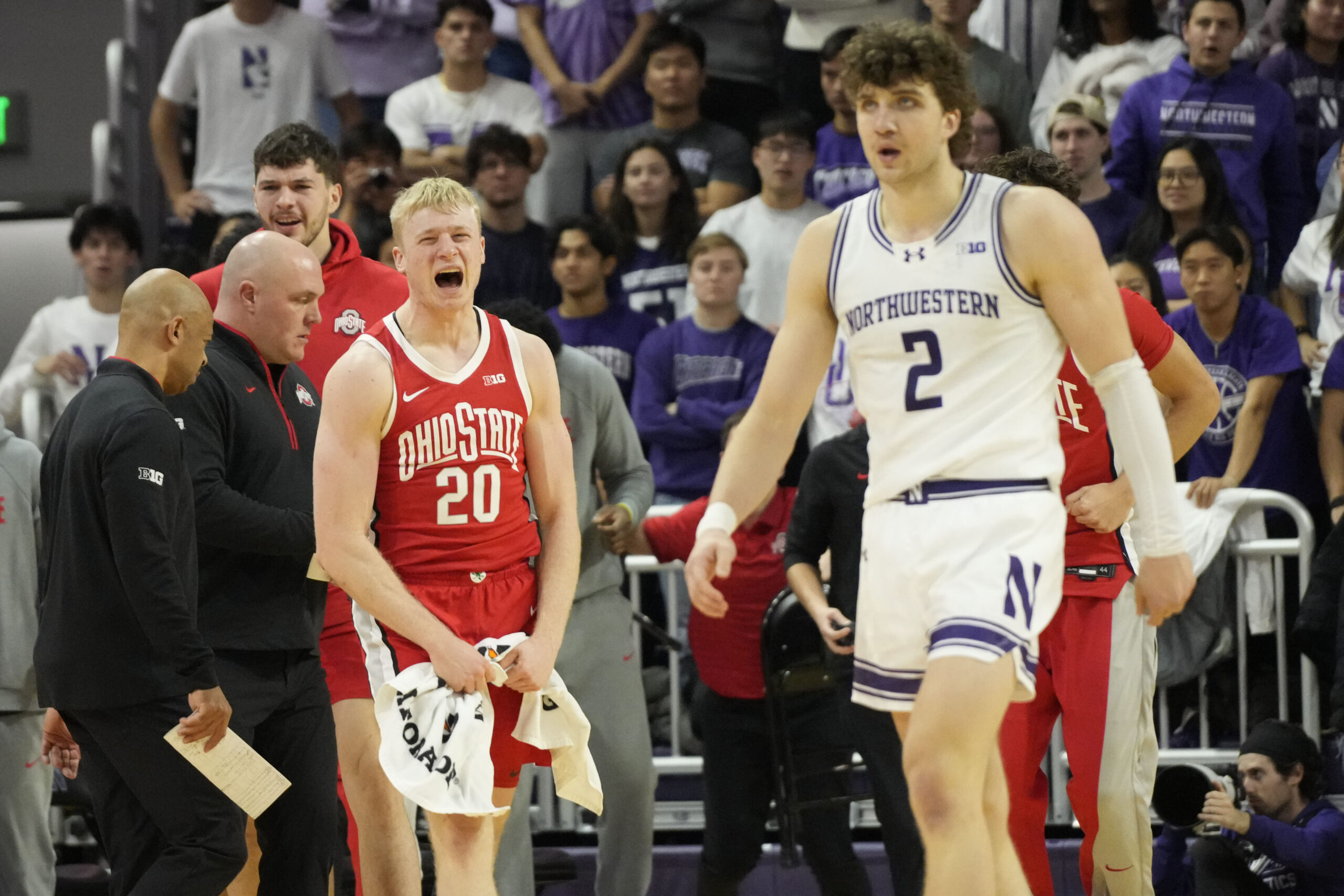 Dec 6, 2025; Evanston, Illinois, USA; Ohio State Buckeyes forward Colin White (20) celebrates a three-point basket against the Ohio State Buckeyes during the second half at Welsh-Ryan Arena. Mandatory Credit: David Banks-Imagn Images