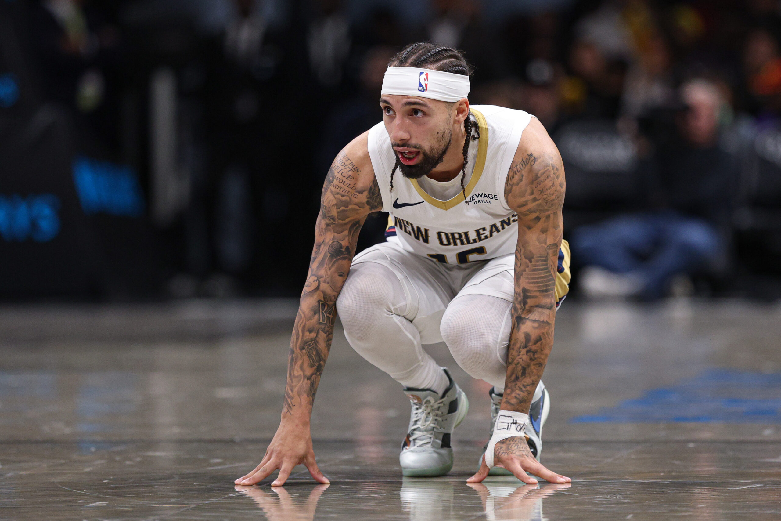 Dec 6, 2025; Brooklyn, New York, USA; New Orleans Pelicans guard Jose Alvarado (15) reacts after a play during the second half against the Brooklyn Nets at Barclays Center. Mandatory Credit: Vincent Carchietta-Imagn Images