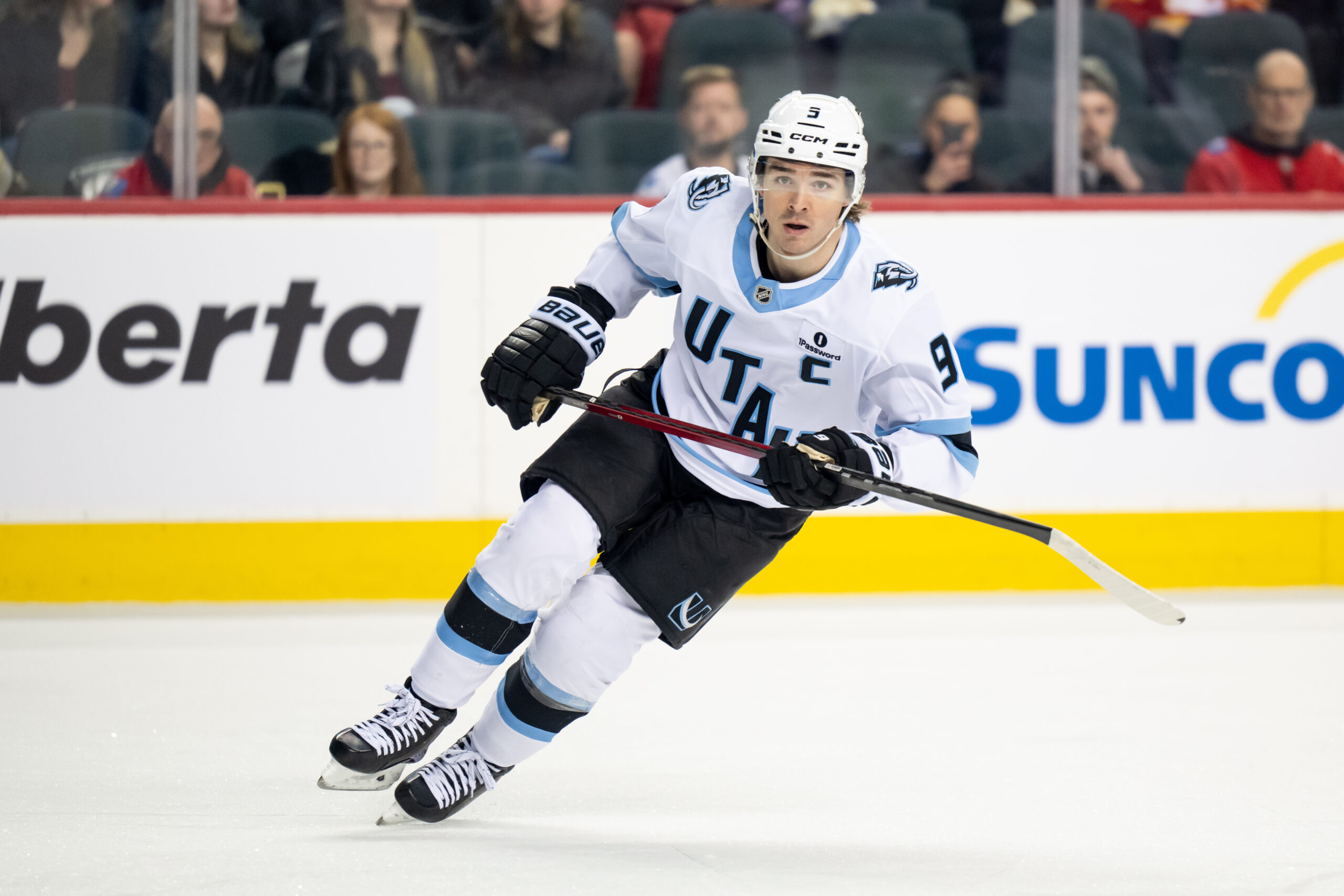 Dec 6, 2025; Calgary, Alberta, CAN; Utah Mammoth right wing Clayton Keller (9) skates against the Calgary Flames during the first period at Scotiabank Saddledome. Mandatory Credit: Brett Holmes-Imagn Images