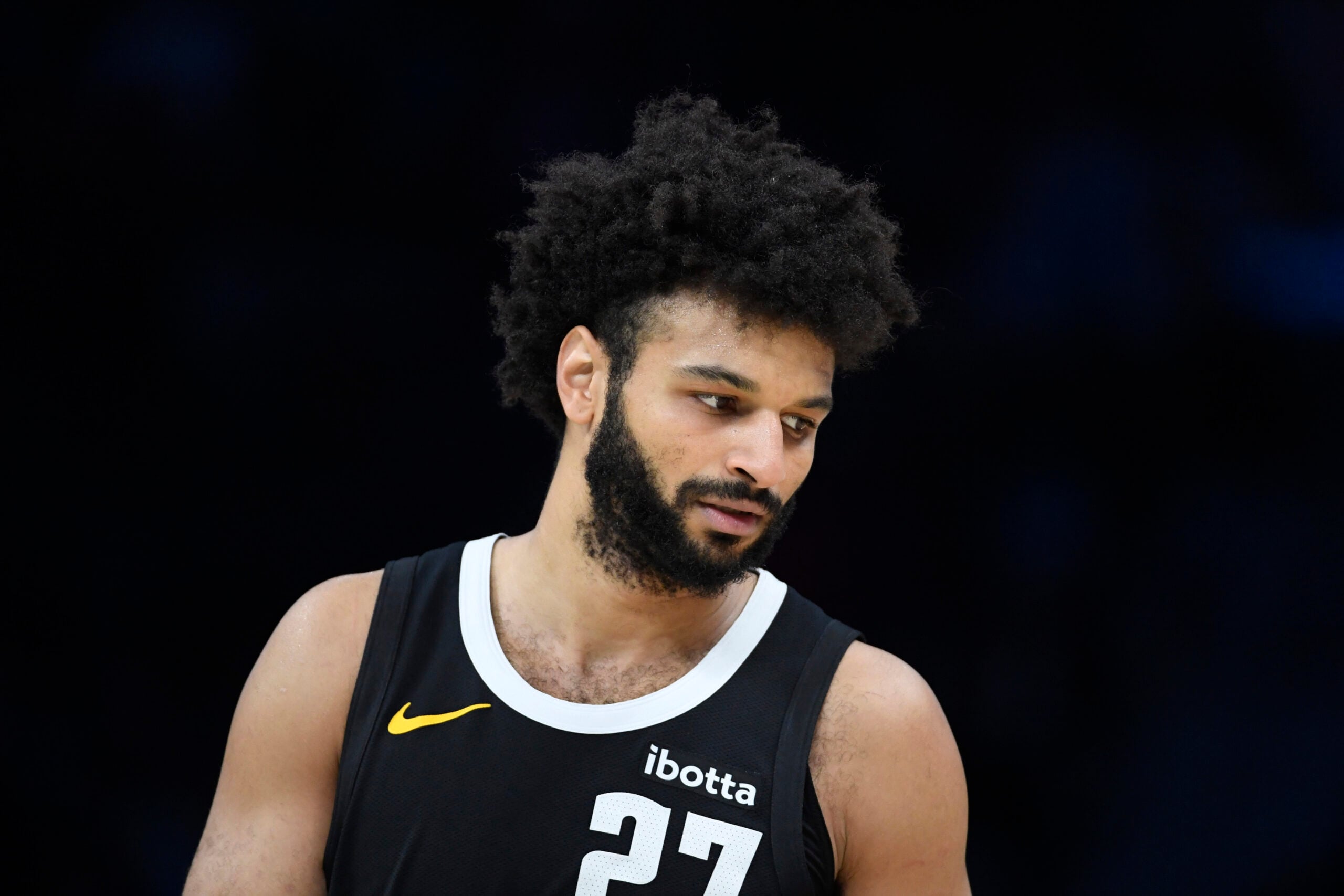 Dec 7, 2025; Charlotte, North Carolina, USA; Denver Nuggets guard Jamal Murray (27) in a time out during the second half against the Charlotte Hornets at the Spectrum Center. Mandatory Credit: Sam Sharpe-Imagn Images