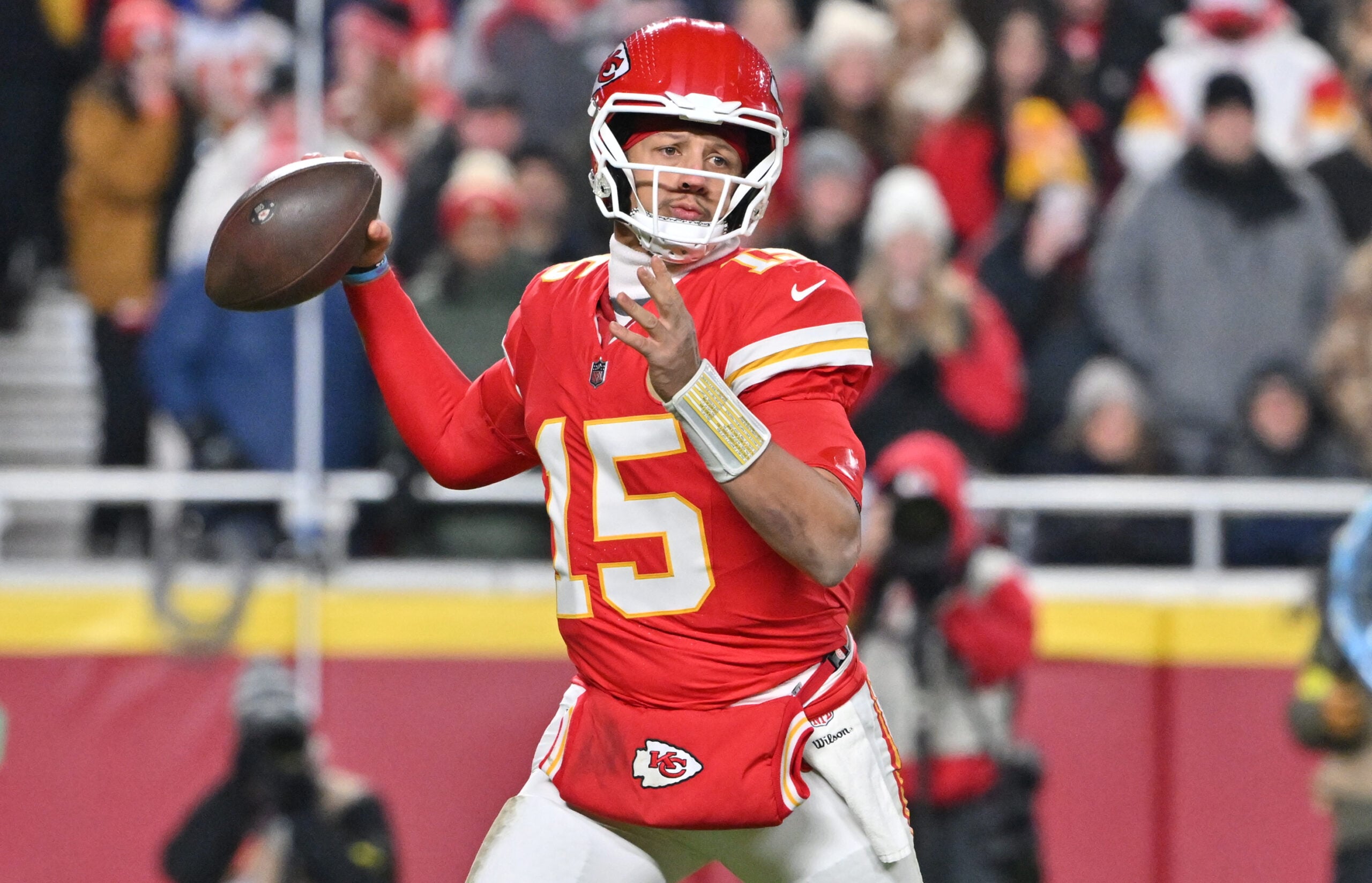 Dec 7, 2025; Kansas City, Missouri, USA; Kansas City Chiefs quarterback Patrick Mahomes (15) throws a pass during the second quarter against the Houston Texans at GEHA Field at Arrowhead Stadium. Mandatory Credit: Amy Kontras-Imagn Images