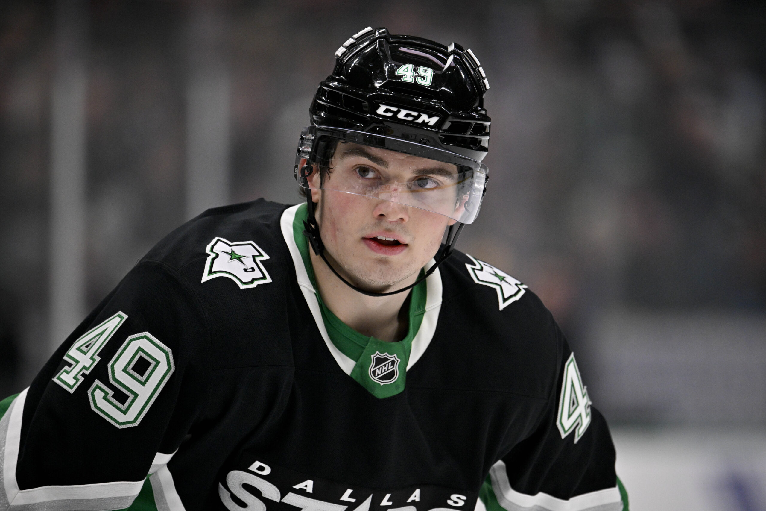 Dec 7, 2025; Dallas, Texas, USA; Dallas Stars center Justin Hryckowian (49) looks on during the second period against the Pittsburgh Penguins at American Airlines Center. Mandatory Credit: Jerome Miron-Imagn Images