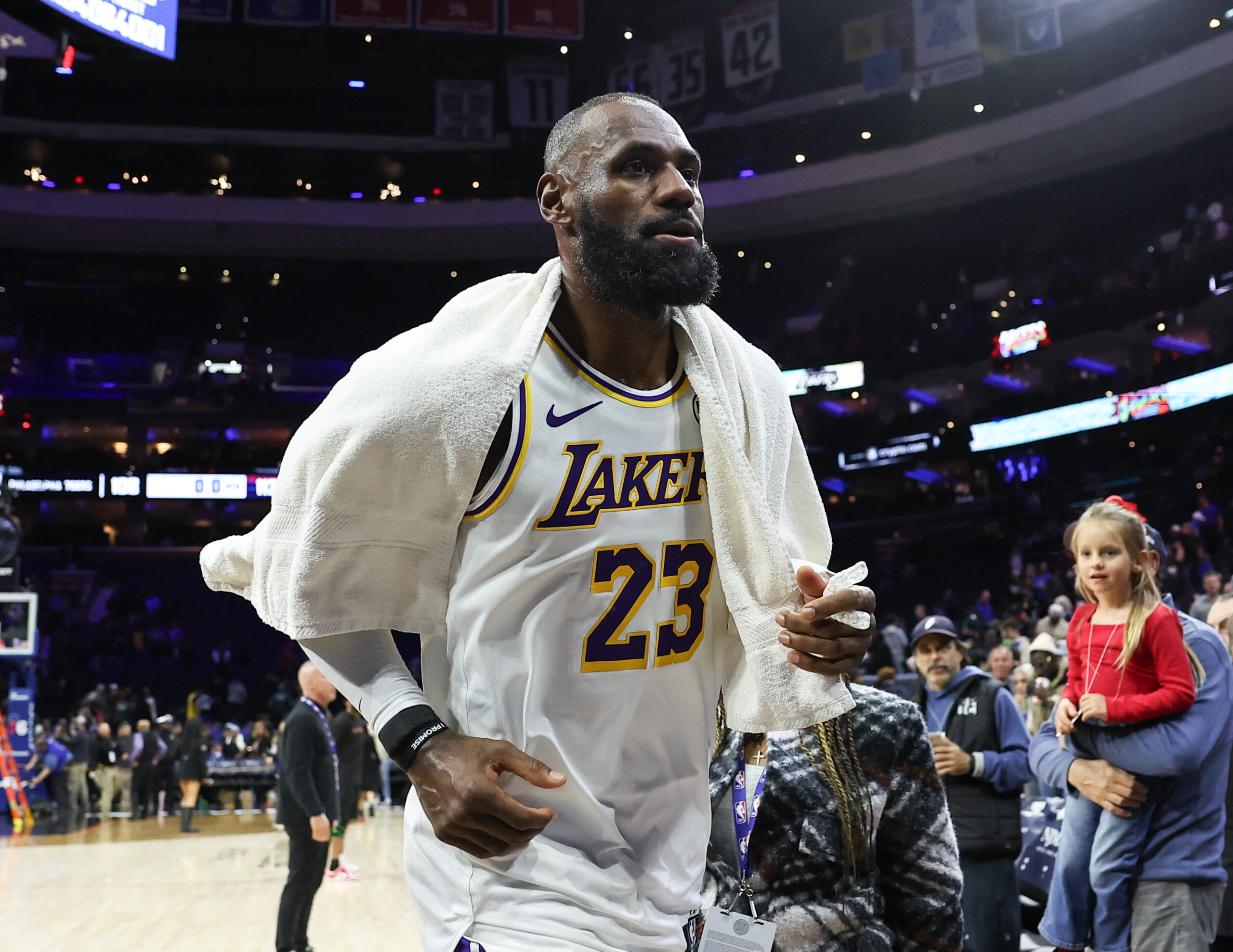 Dec 7, 2025; Philadelphia, Pennsylvania, USA; Los Angeles Lakers forward Lebron James (23) runs off the court after a victory against the Philadelphia 76ers at Xfinity Mobile Arena. Mandatory Credit: Bill Streicher-Imagn Images