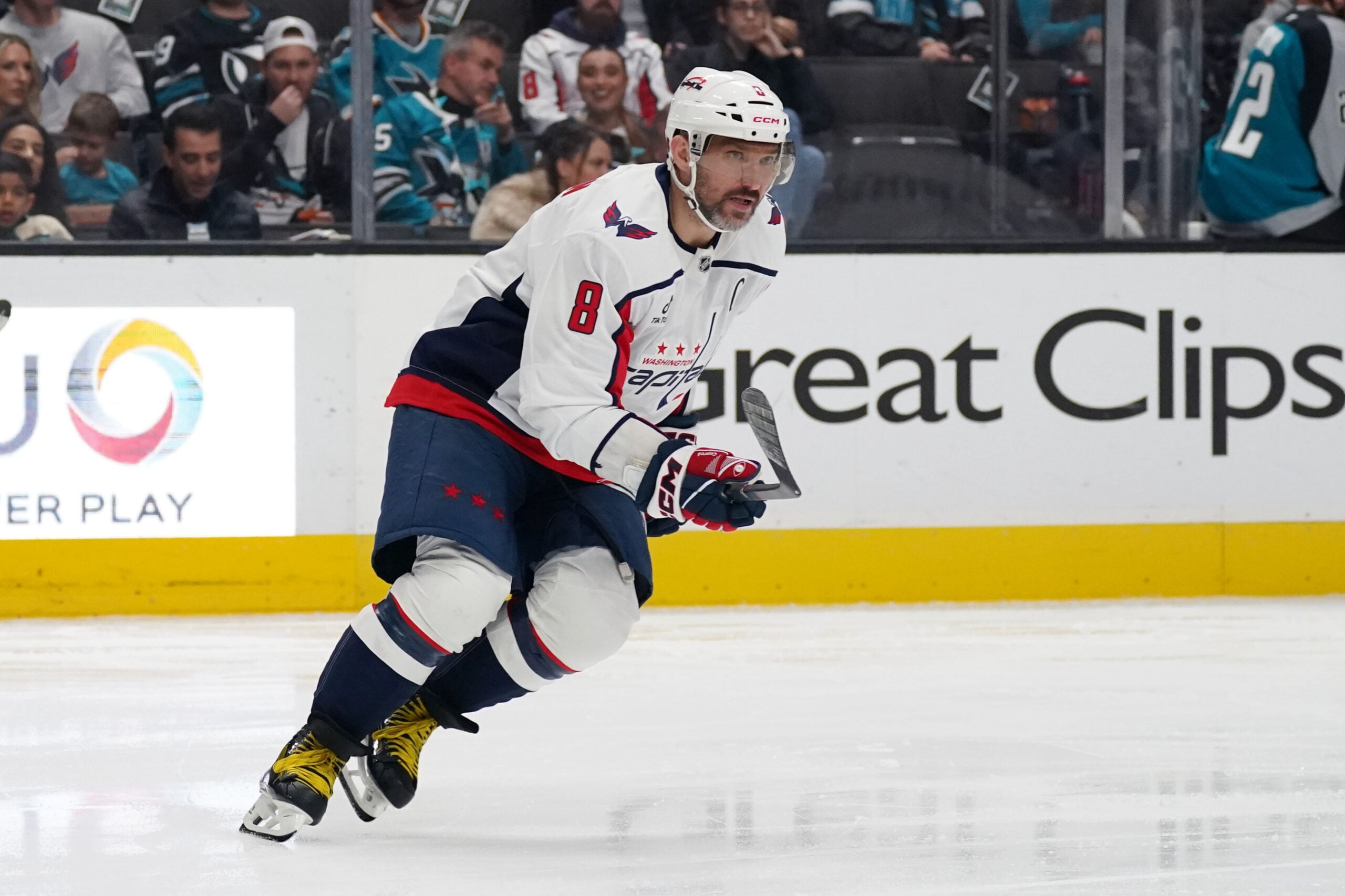 Dec 3, 2025; San Jose, California, USA; Washington Capitals left winger Alex Ovechkin (8) skates toward the puck during a game against the San Jose Sharks in the third period at SAP Center at San Jose. Mandatory Credit: David Gonzales-Imagn Images