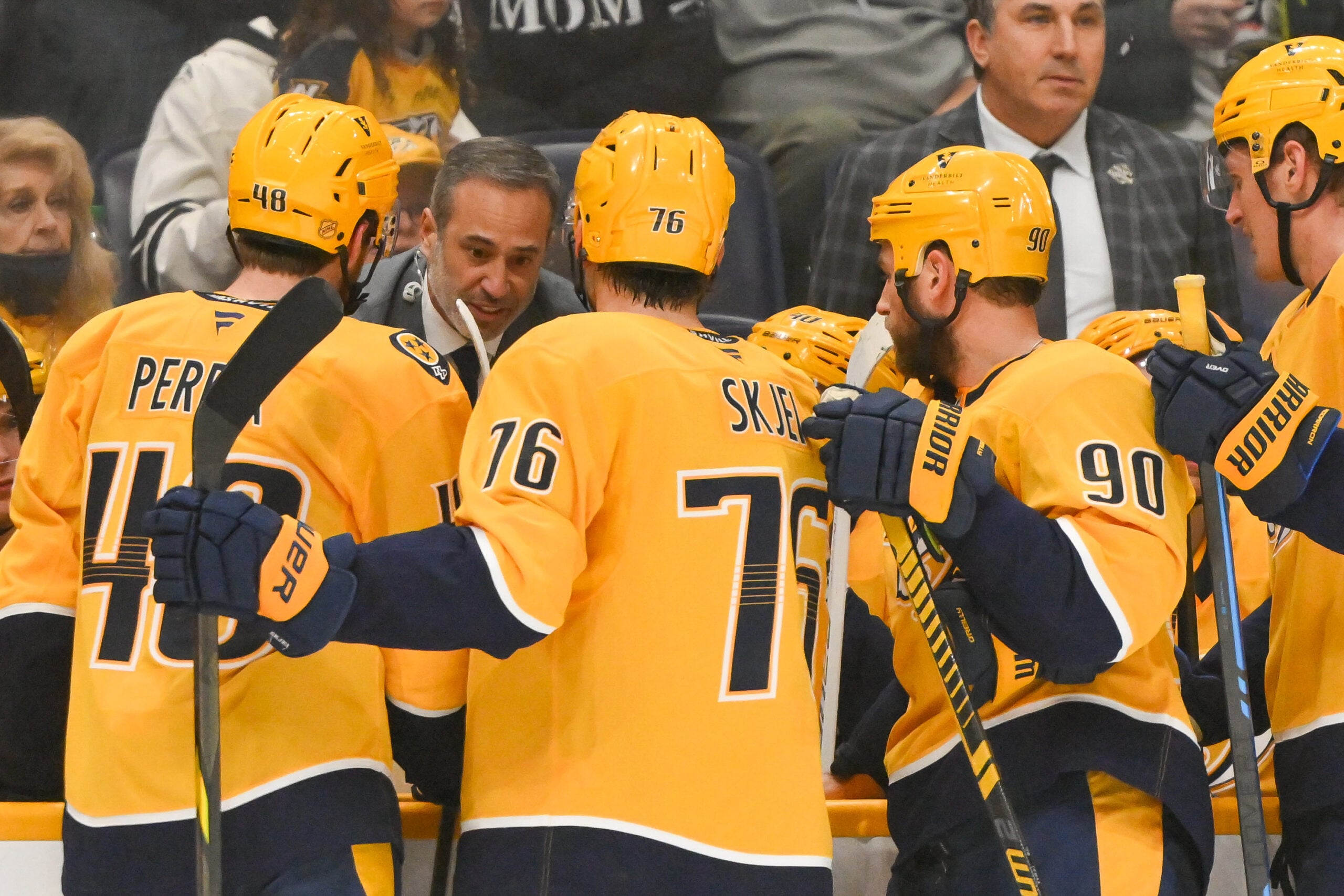 Dec 9, 2025; Nashville, Tennessee, USA; Nashville Predators head coach Andrew Brunette talks with his team during a time out against the Colorado Avalanche during the third period at Bridgestone Arena. Mandatory Credit: Steve Roberts-Imagn Images