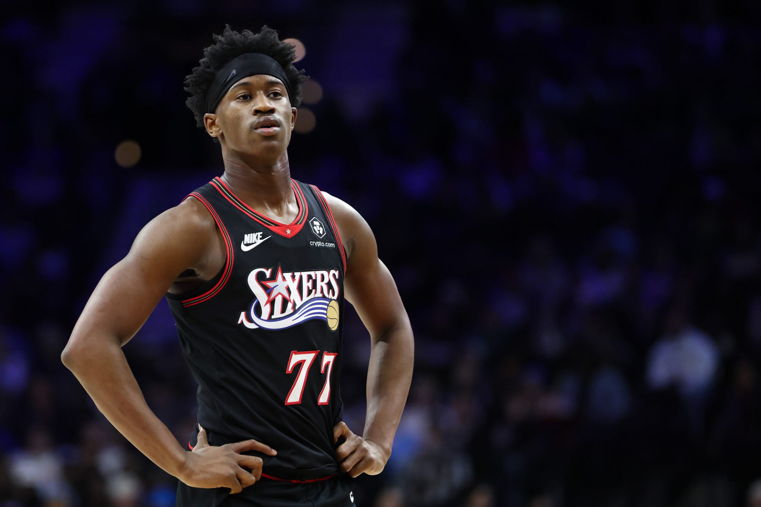 Dec 12, 2025; Philadelphia, Pennsylvania, USA; Philadelphia 76ers guard Vj Edgecombe (77) looks on against the Indiana Pacers during the third quarter at Xfinity Mobile Arena. Mandatory Credit: Bill Streicher-Imagn Images