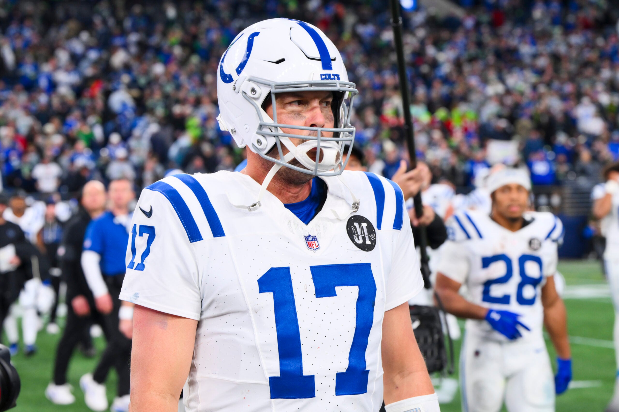 Dec 14, 2025; Seattle, Washington, USA; Indianapolis Colts quarterback Philip Rivers (17) walks to the locker room following a loss against the Seattle Seahawks Colts at Lumen Field. Mandatory Credit: Steven Bisig-Imagn Images