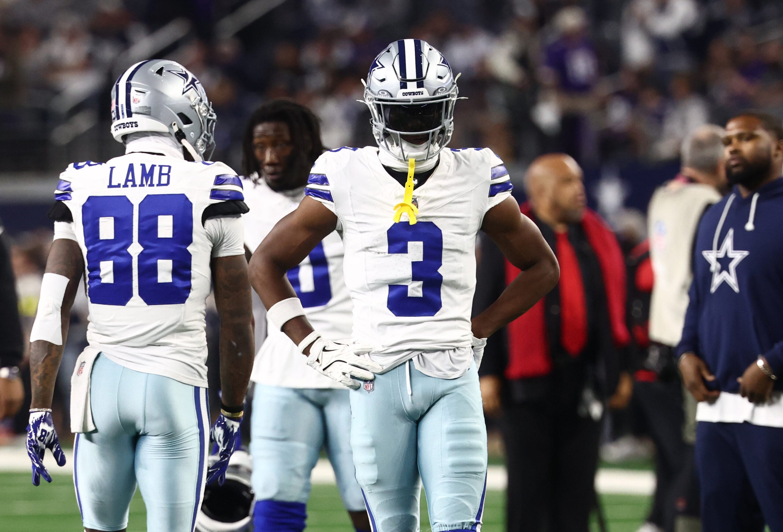 Dec 14, 2025; Arlington, Texas, USA; Dallas Cowboys wide receiver George Pickens (3) warms up before a game against the Minnesota Vikings at AT&T Stadium. Mandatory Credit: Kevin Jairaj-Imagn Images