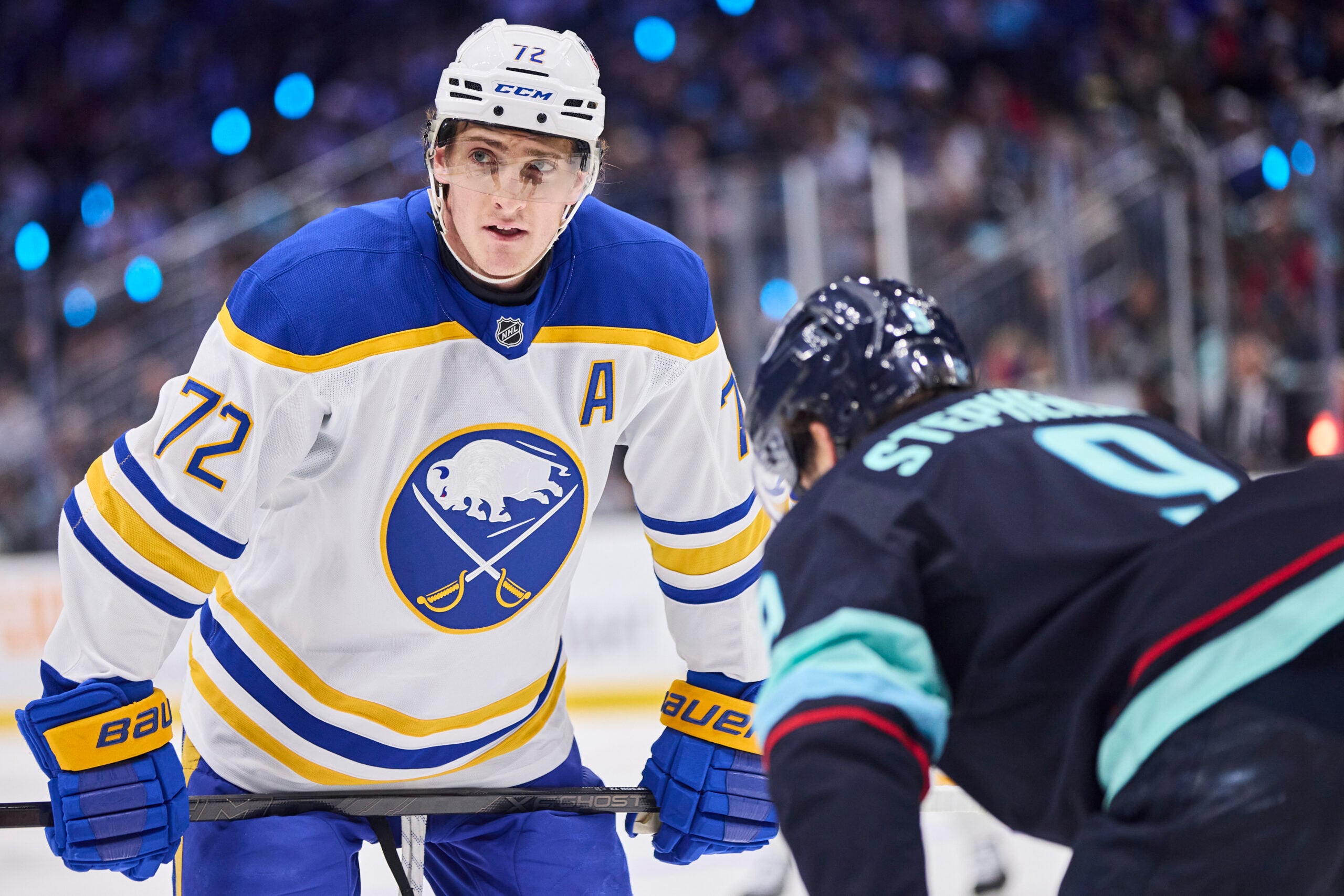 Dec 14, 2025; Seattle, Washington, USA; Buffalo Sabres center Tage Thompson (72) looks on before a face off during the first period against the Seattle Kraken at Climate Pledge Arena. Mandatory Credit: Blake Dahlin-Imagn Images
