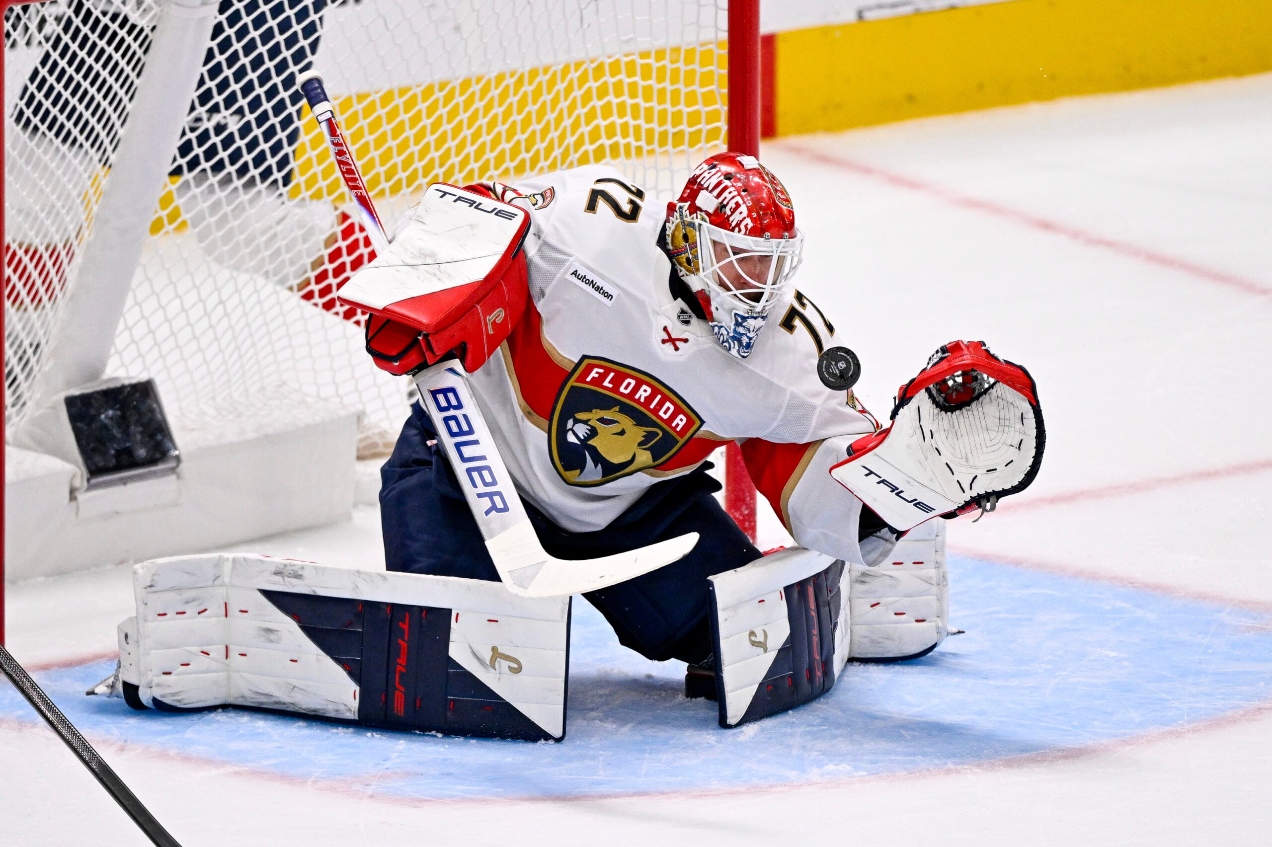 Dec 13, 2025; Dallas, Texas, USA; Florida Panthers goaltender Sergei Bobrovsky (72) makes a save on a Dallas Stars shot during the game at the American Airlines Center. Mandatory Credit: Jerome Miron-Imagn Images
